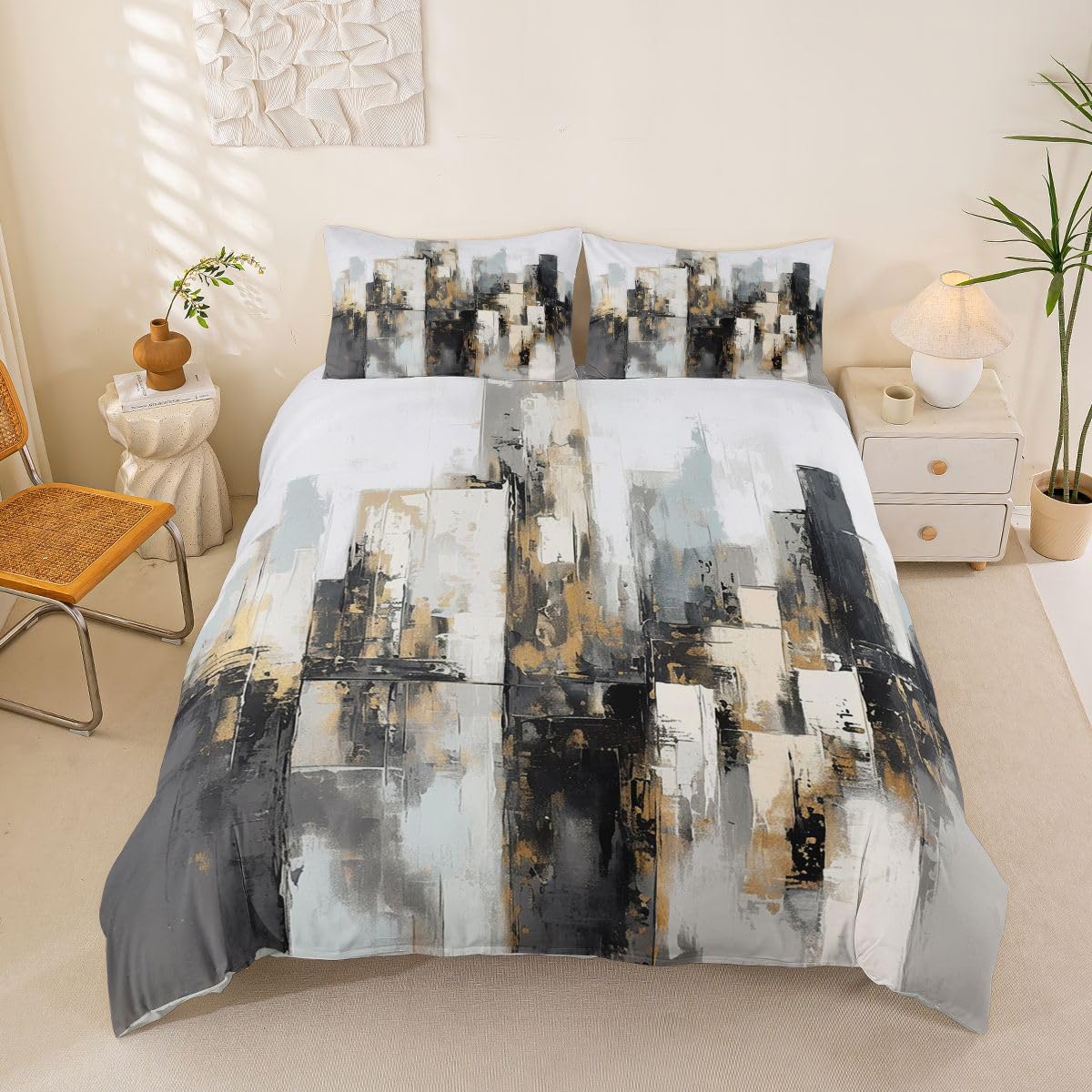 Housse de couette microfibre art moderne gris gold 220x240cm parure lit 2 personnes luxe