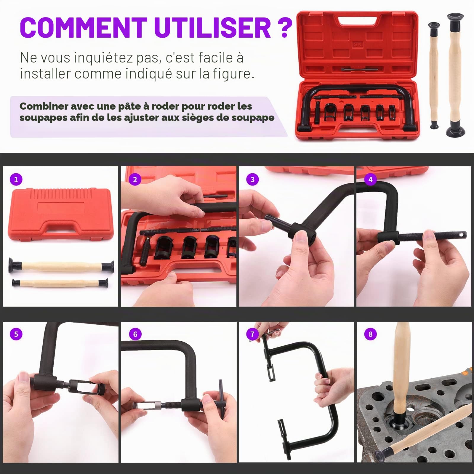 Swpeet Assortiment d'outils de compresseur de ressort de soupape 13 pièces, comprenant 5 adaptateurs poussoirs, vis d'extension, jeu de valve et barre de compression pour moto, voiture, petit véhicule