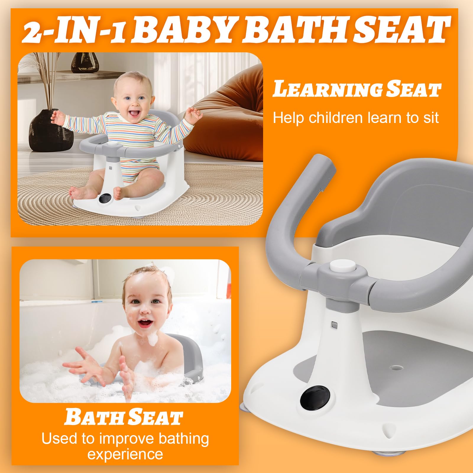 Siege de Bain pour Bebe de 6 Mois et Plus, Anneau de Bain Bébé avec 4 Ventouses Puissantes,Antidérapante, Installation Facile,Portable,Transat de Bain de 6 à 24 Mois,pour Douche ou Baignoire(Gris)