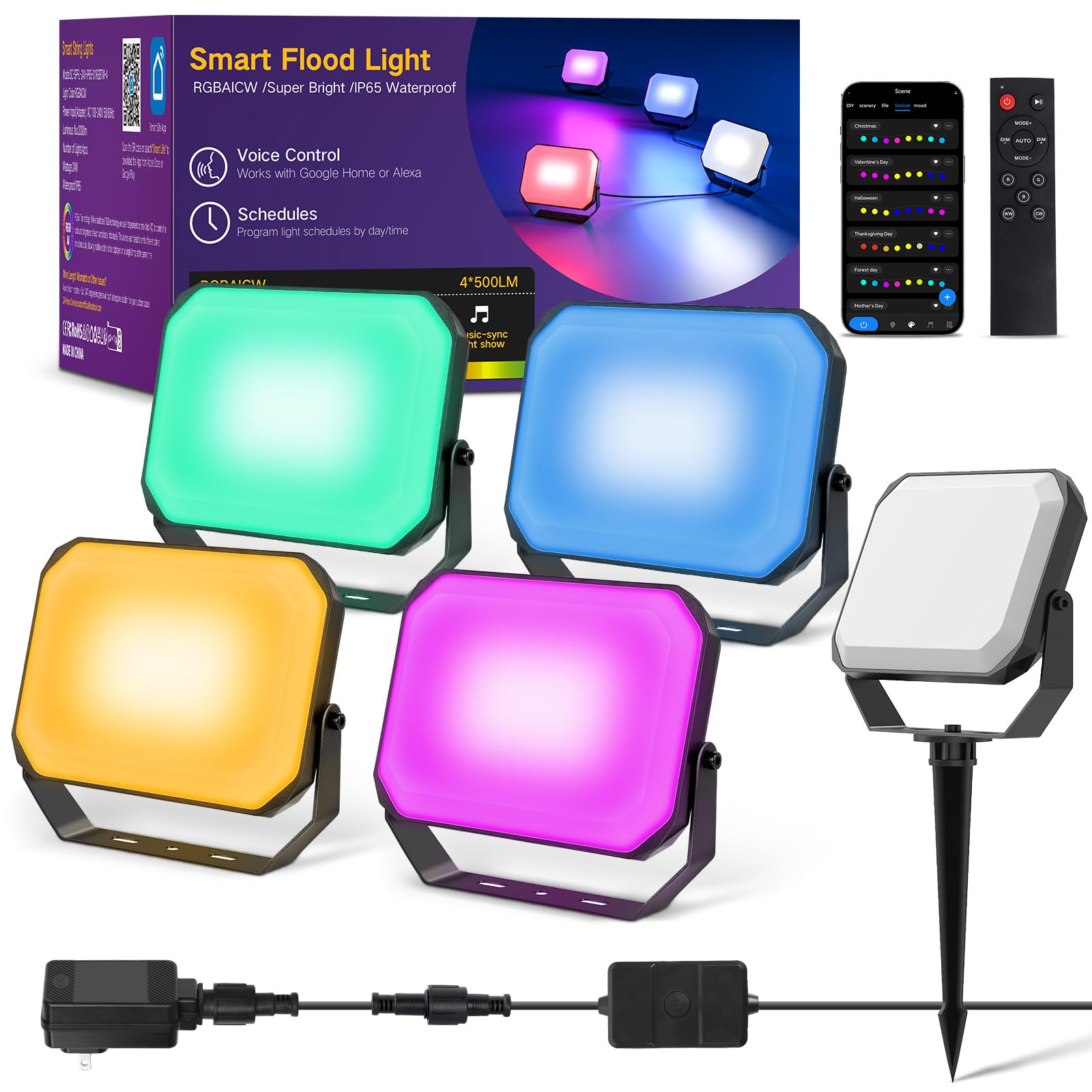 OUTON LED Flood Light Outdoor, 24W Smart RGBAICW Landscape Lighting with APP, Remote & Voice Control, 16 Million Colors, 2700K-6500K, IP65 Waterproof Uplights for Garden Party Stage, 4 Pack