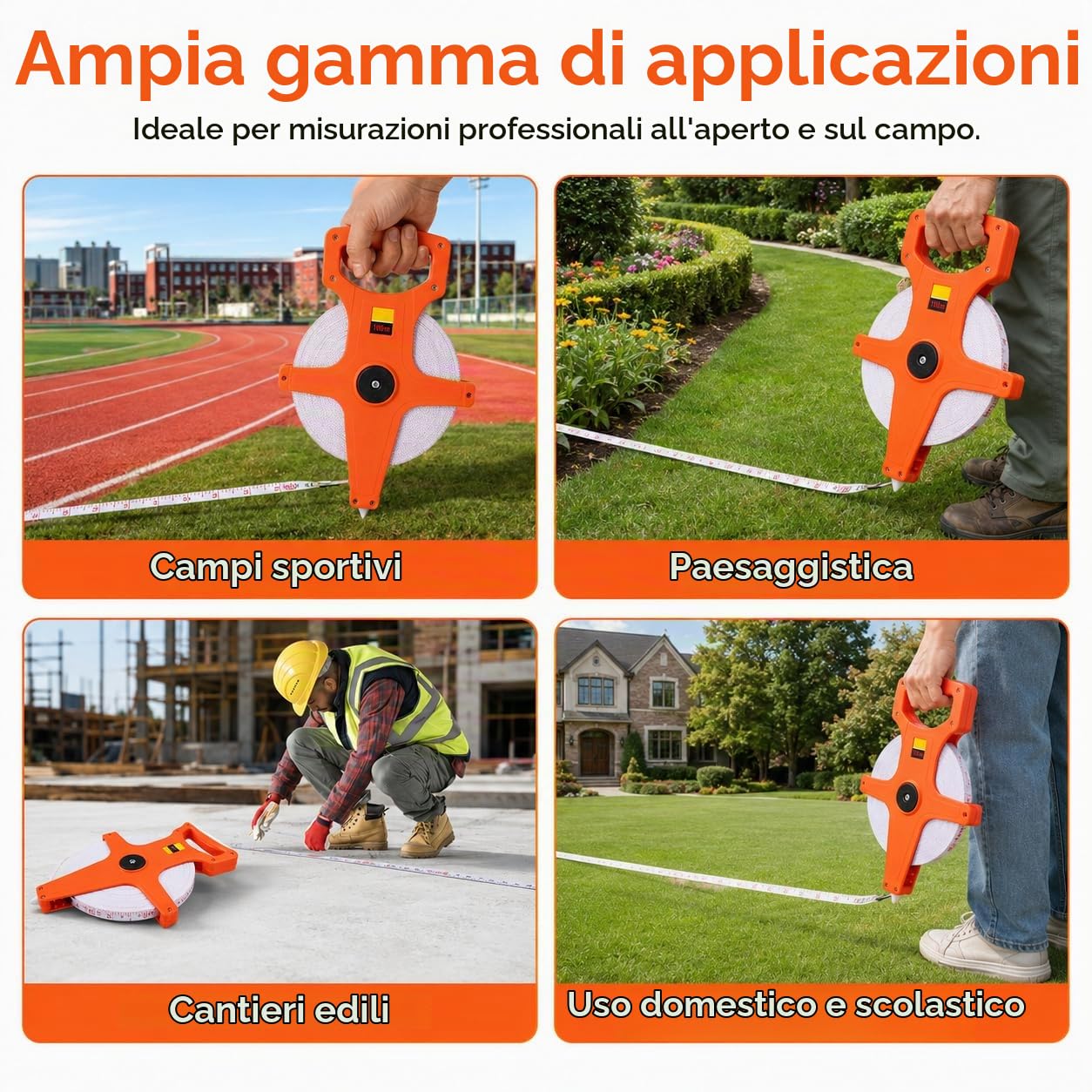 Metro A Nastro 100 Metri, Rotella Metrica In Fibra Di Vetro Resistente Flessometro Bindella, Doppio Lato Rotolo Di Metro A Nastro Di Misurazione Nastri Di Misurazione In Pollici E mm Con Impugnatura