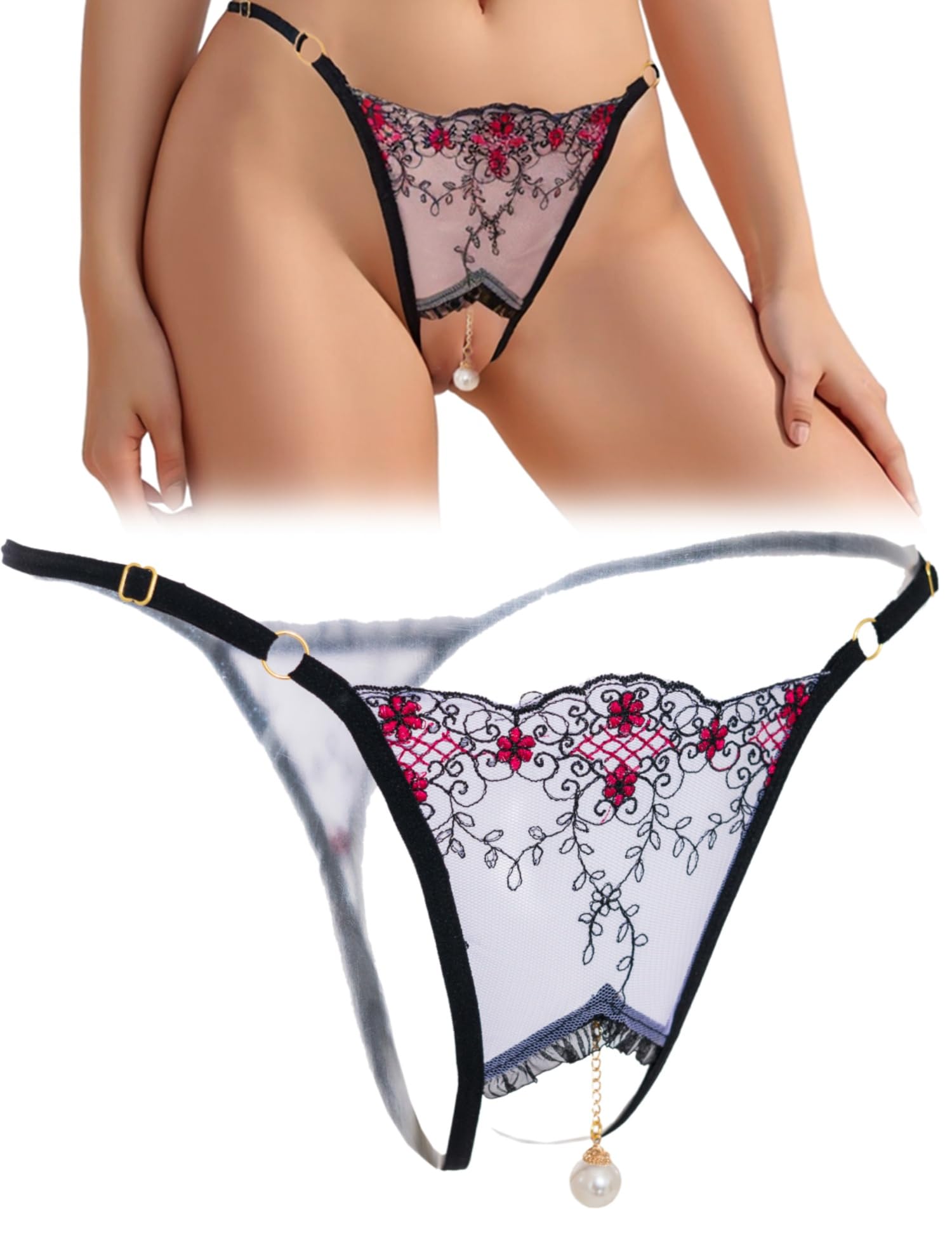 QUEEN'S STORY Sexy String Tanga String Ouvert Mit Perlenanhänger, Slip Ouvert für Frauen Schwarz Niedrige Taille Spitze Sexy Tanga Unterwäsche Mit Offenem Schritt, V-String Höschen Reizwäsche Thongs