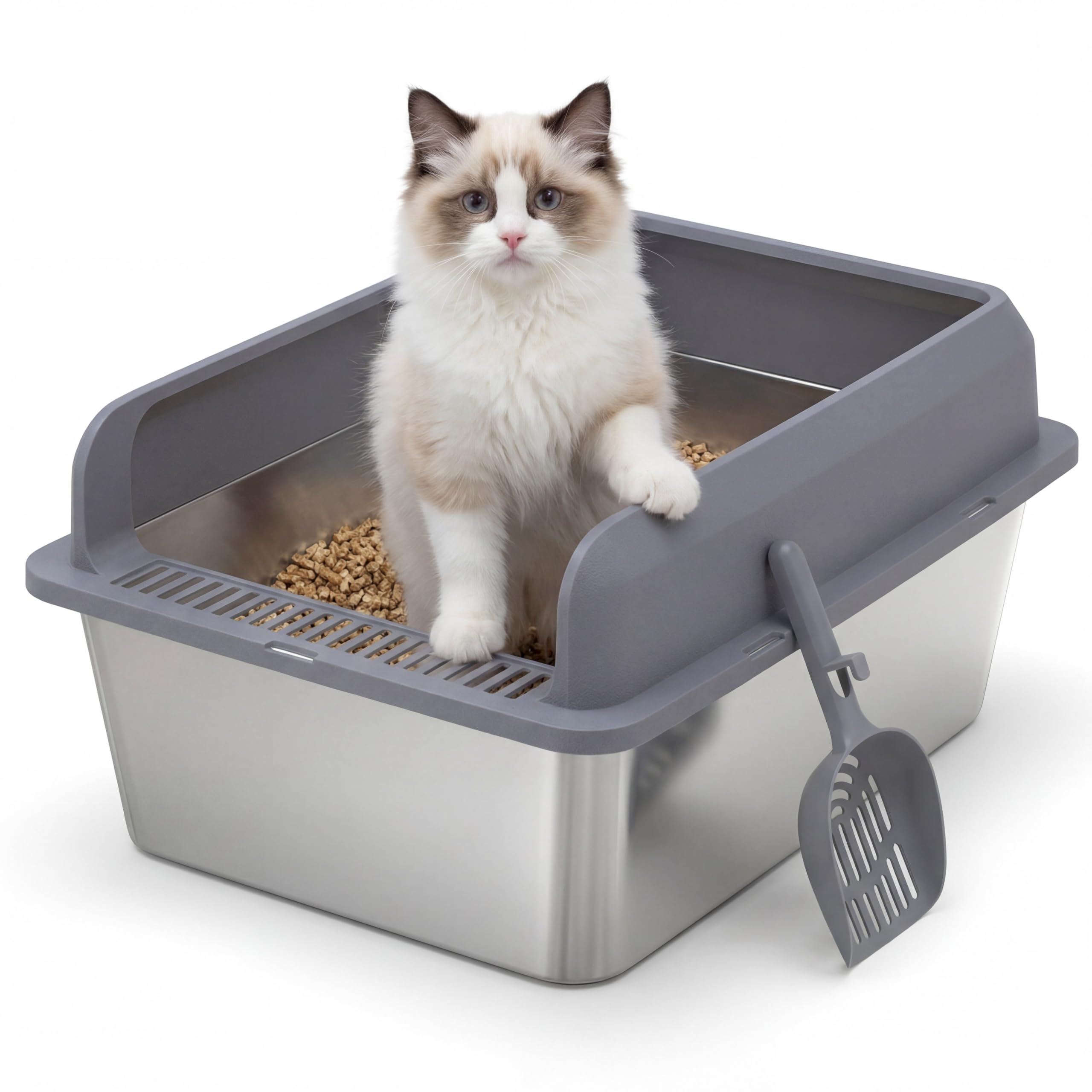 Stainless Steel Cat Litter Tray, Large Litter Tray with High Detachable Enclosure, Metal Litter Box with Litter Scoop for All Cats, Leak-Proof, Easy to Clean, 50(L) x35(W) x 25(H) cm