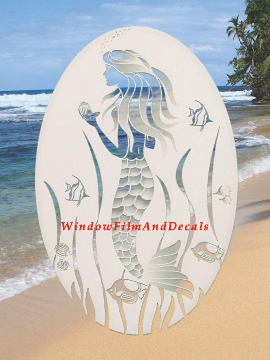 Oval Mermaid Etched Window Decal Vinyl Glass Cling - 15" x 23" - White with Clear Design Elements