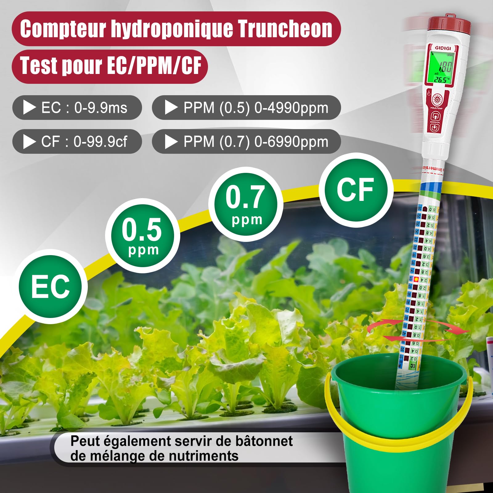 GIDIG Testeur de Nutriments PPM Meter Hydroponics TDS Meter Testeur D'eau Numérique (EC/PPM500/PPM700/CF) Compteur Hydroponique avec Indicateur S'applique à DWC de Testeur de Conductivité