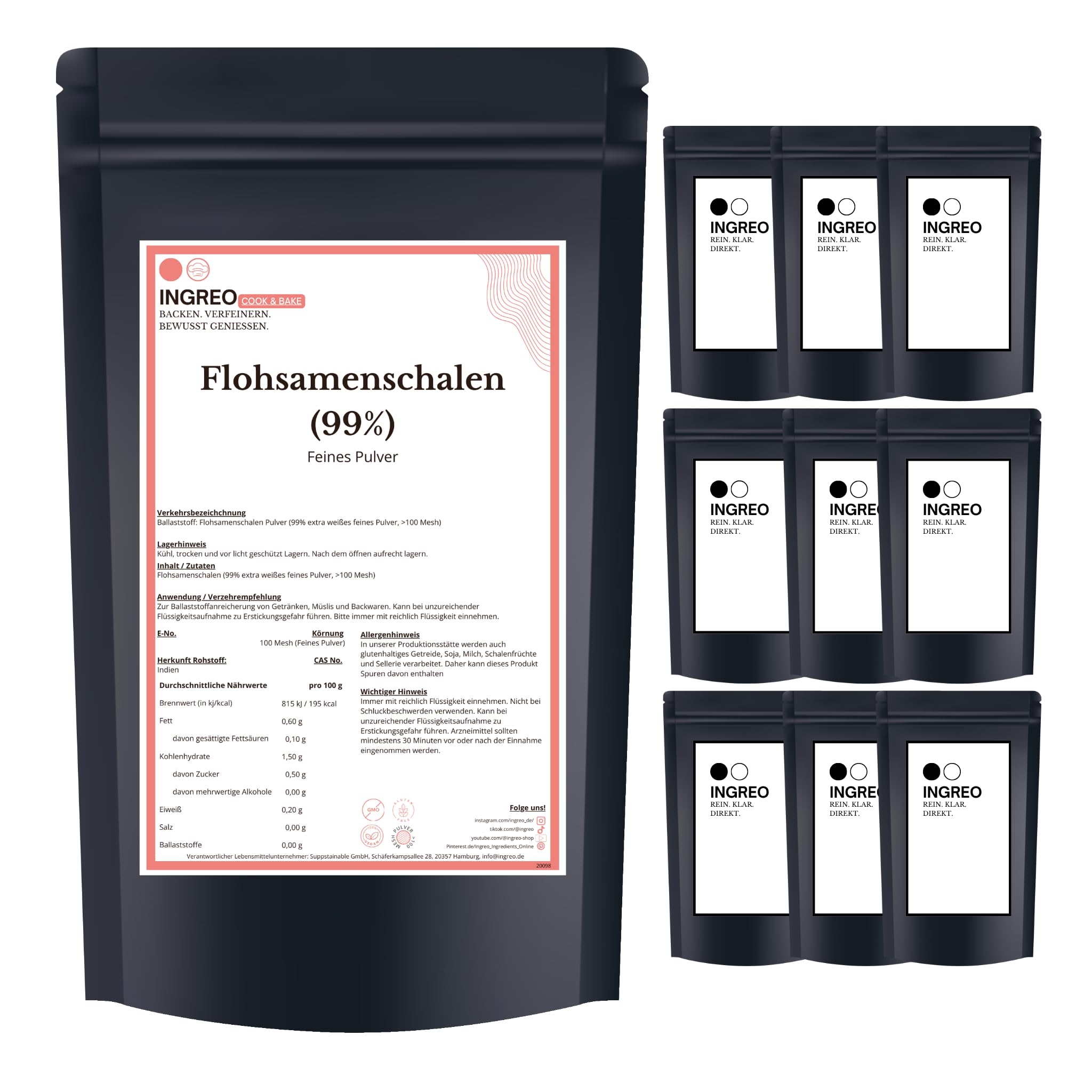 10 kg | Flohsamenschalen Pulver | Psyllium Husk gemahlen | 10x1 kg | 99% rein extra weiß | Ballaststoff Rohstoff | vegan glutenfrei | Herstellergebinde | INGREO