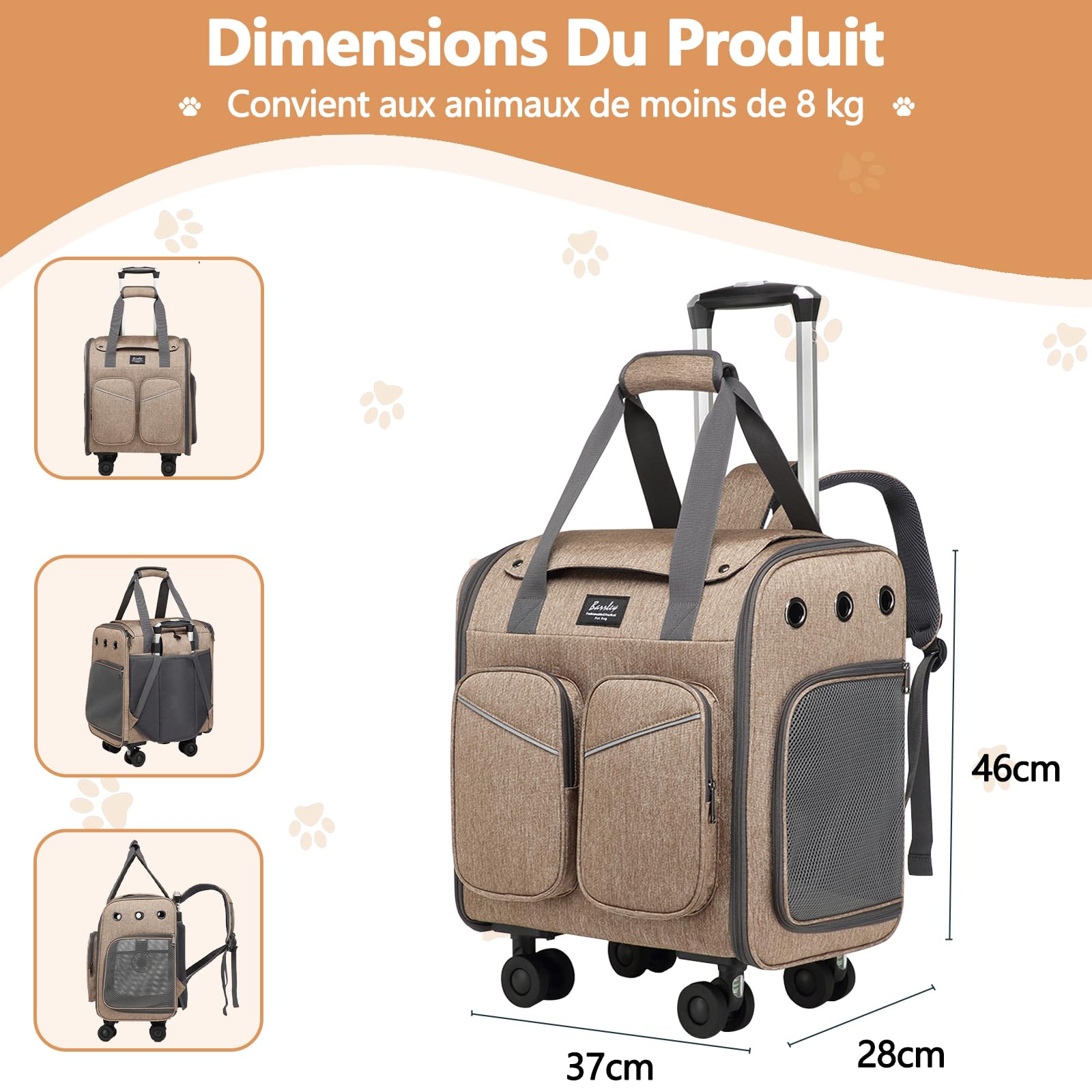 Galatée Valise à roulettes pour Animaux De Compagnie, en Maille Polyester, avec Roues Pivotantes Freinées Et Amortisseurs, Poignée Antidérapante（Marron）
