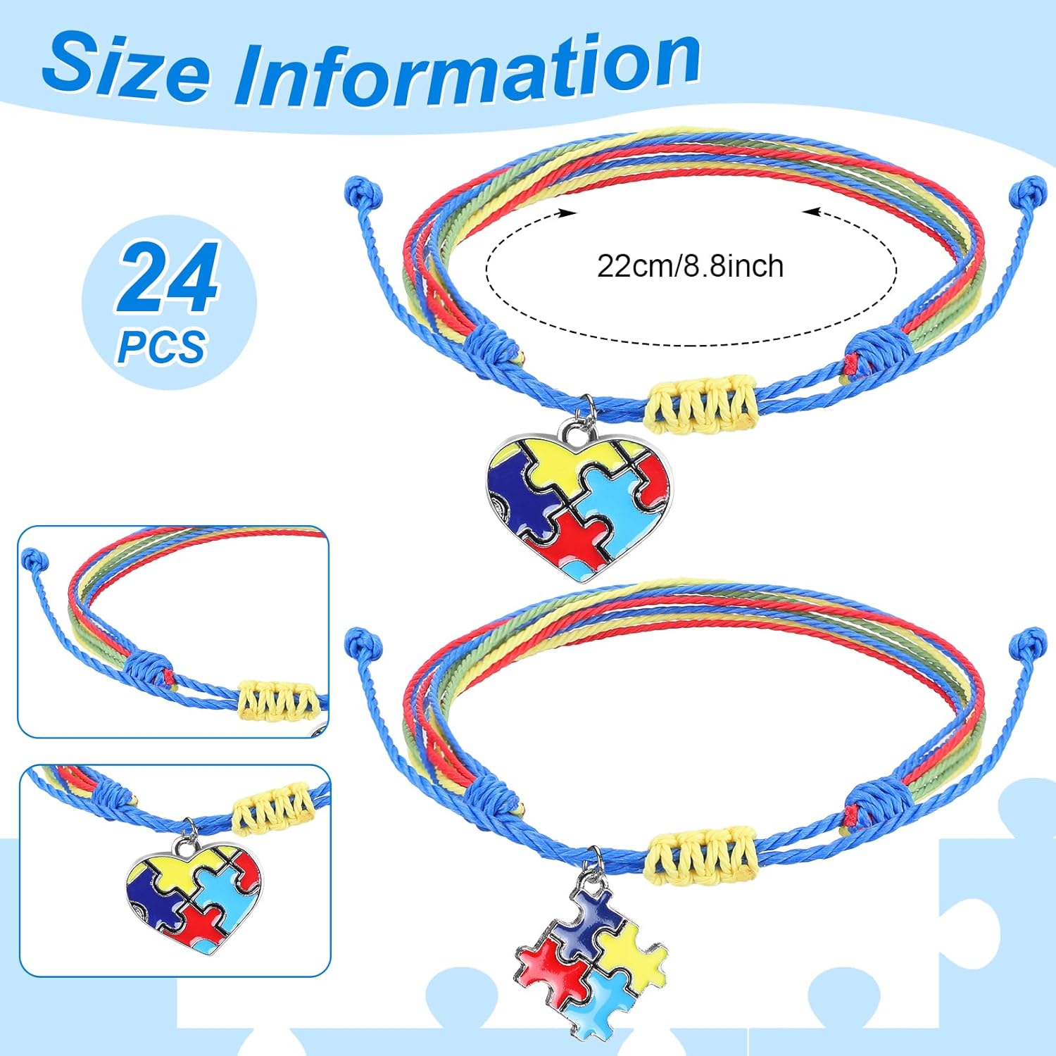 Landical 24 Pcs Autism Awareness Bracelet Braided Adjustable Autism Awareness Stuff Puzzle Piece Bracelet Stretch Charm Jewelry Autismo Month Accessories Neurodiversity Gifts for Autistic Acceptance