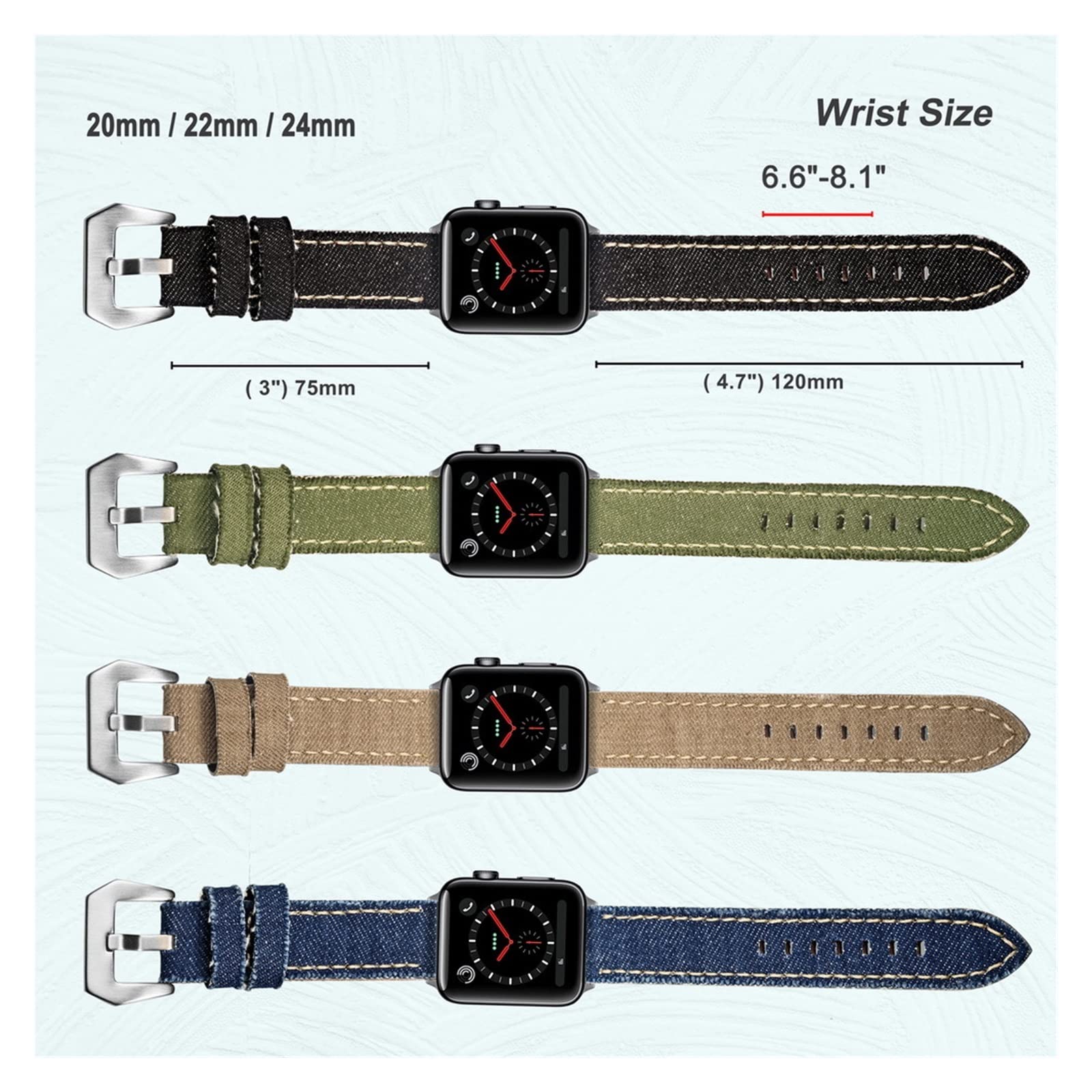 Canvas Watch Bands Release Quick Denim Blue Due pezzi Orologi cinturini Matt Acciaio Fibbia 20mm 22mm 24mm(Khaki,24mm)