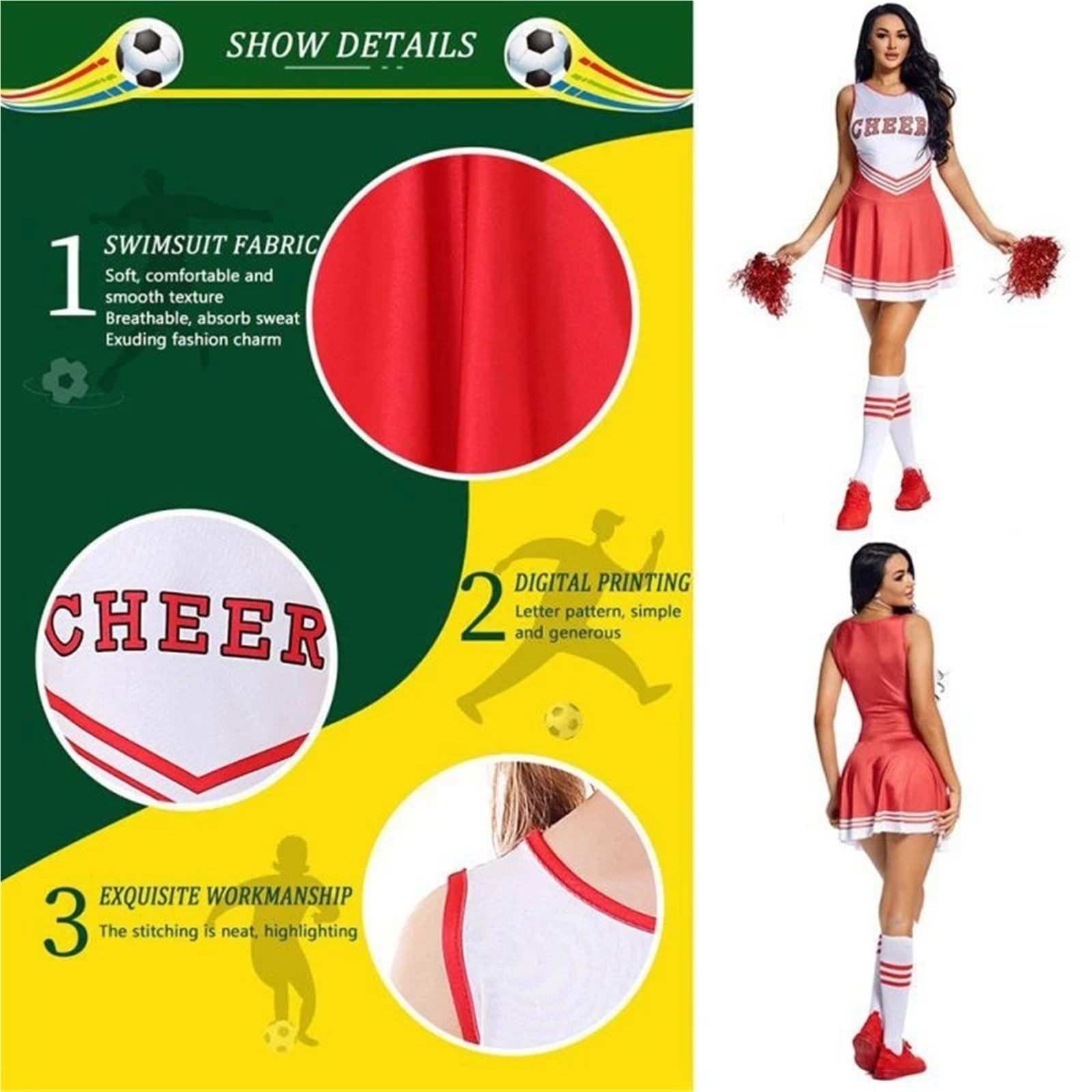 Strój cheerleaderek, Zestaw mundurków cheerleaderki dla kobiet ze skarpetkami z pomponami, wielokolorowy, w wielu rozmiarach