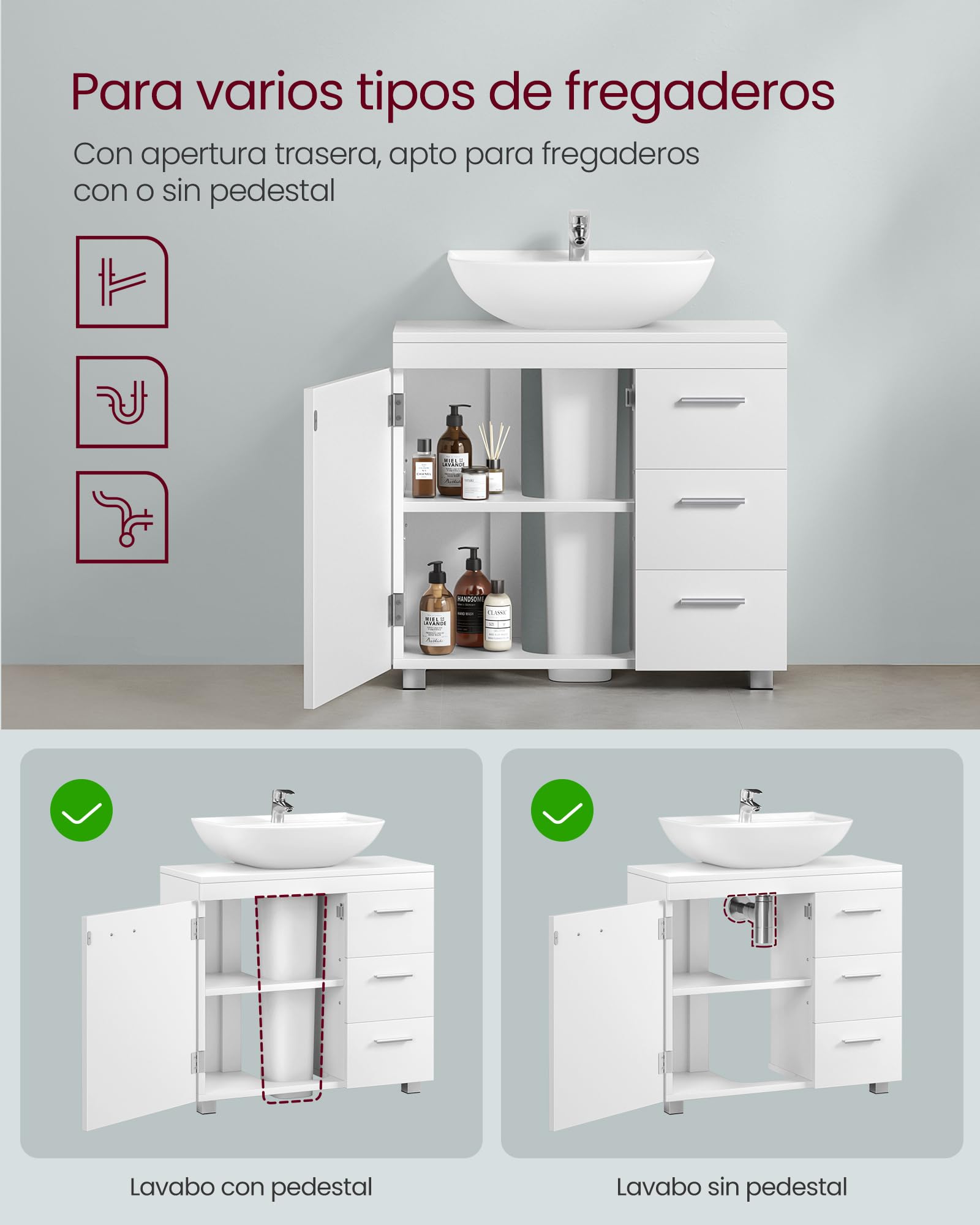 VASAGLE Mueble Bajo Lavabo, Armario de Baño, 3 Cajones, 2 Compartimentos Detrás de la Puerta, con Pies, 30 x 60 x 64 cm, Blanco Nube BBK514WB01