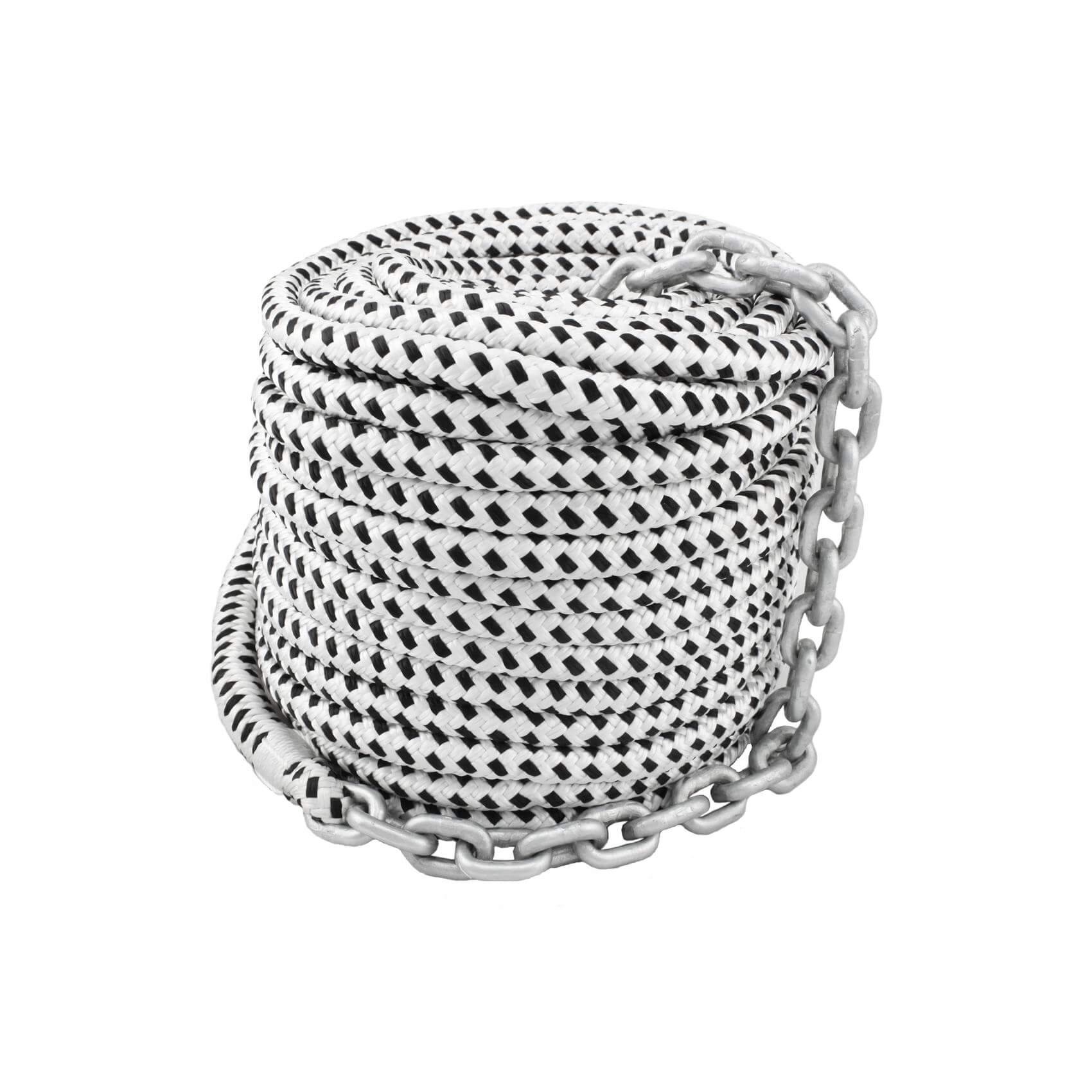 Double-Braided Nylon Windlass Anchor Rope with Galvanized Chain – Prespliced 1/4" HT G4 Chain – 150 ft or 200 ft Rode – 15 ft Chain – 1/2" Rope – Windlass Ready