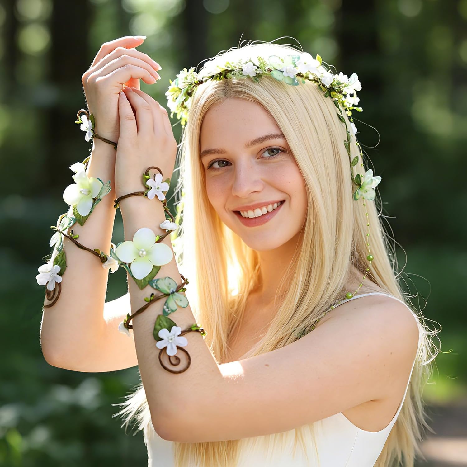 Flower Fairy Crown with Arm Wraps - 3 Pcs Renaissance Costume Green Butterfly Elf Headpiece with Vine Tassel Renfaire Woodland Mother Nature Costume Cosplay Photoshoot Fantasy Fairycore Outfit
