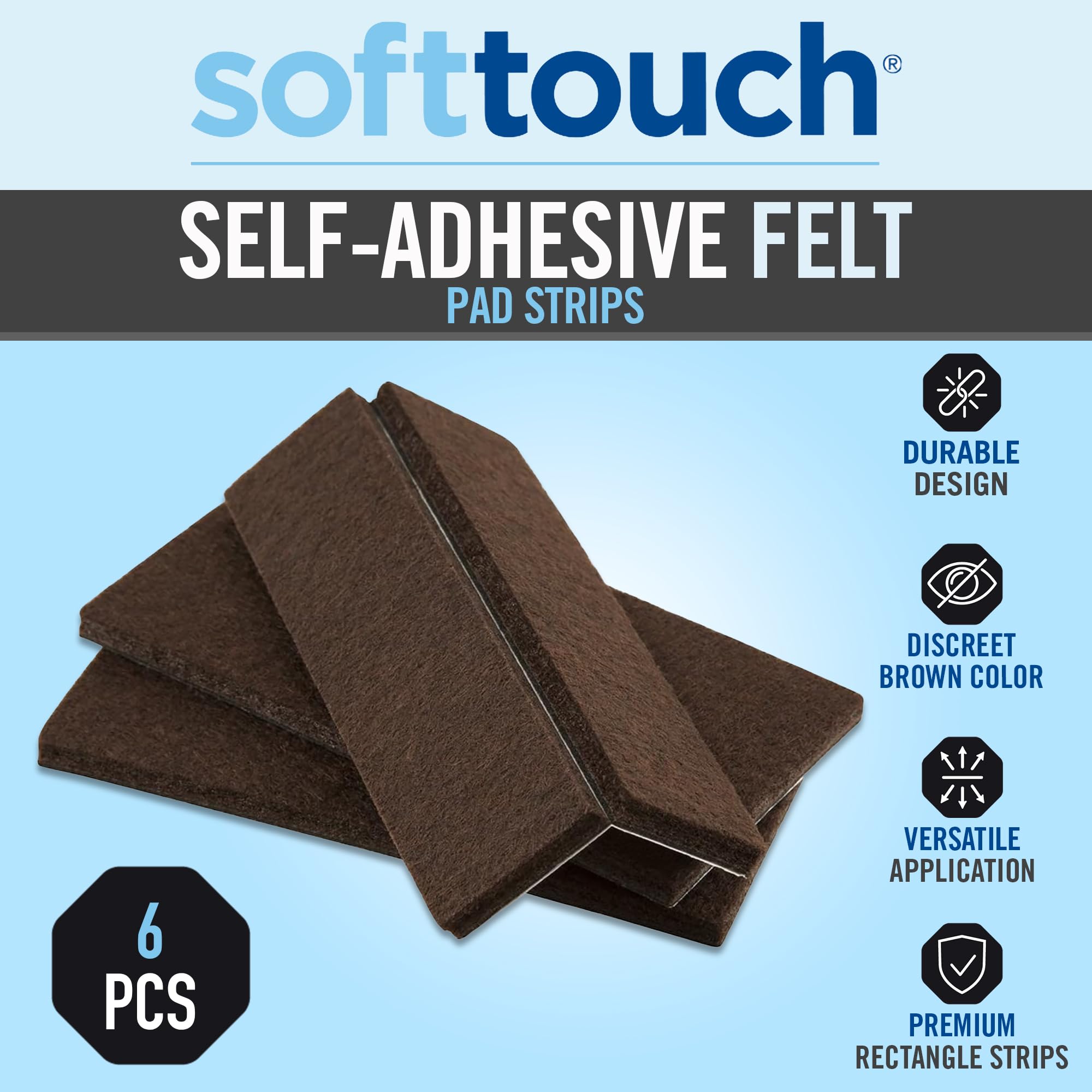 SOFTTOUCH 1 Tiras de Fieltro de 4 Pulgadas para Superficies duras Que protegen los Pisos de Madera Dura de arañazos y Muebles deslizantes fácilmente, marrón, Paquete de 6
