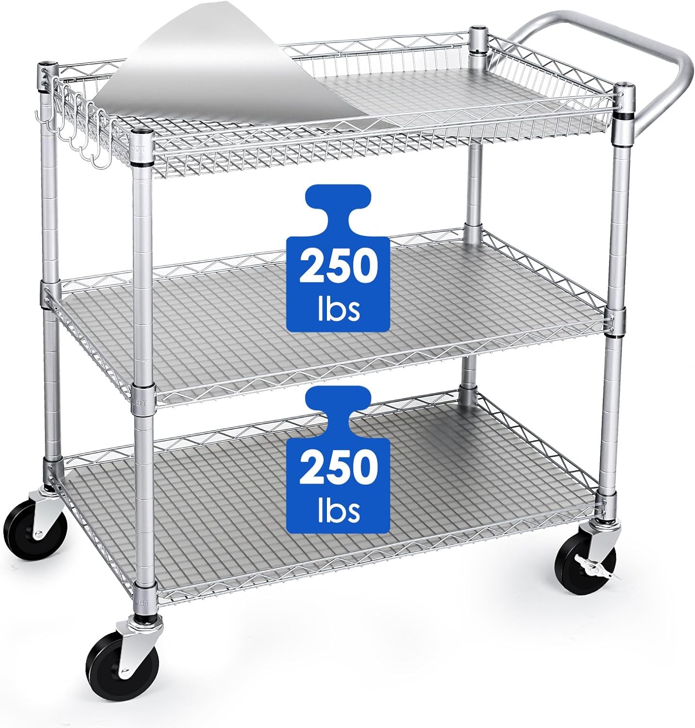 WDT Heavy Duty 3 Tier Utility Cart,Wire Rolling Carts with Wheels, Commercial Grade Service Cart with Shelving Liners and Handle Bar Metal Carts for Kitchen Office Hardware (750LBS Capacity Silver)