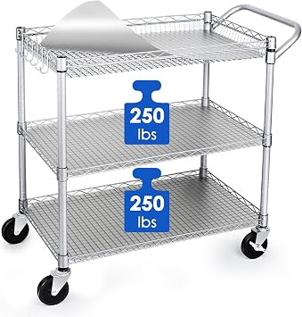 WDT Heavy Duty 3 Tier Utility Cart,Wire Rolling Carts with Wheels, Commercial Grade Service Cart with Shelving Liners and Handle Bar Metal Carts for Kitchen Office Hardware