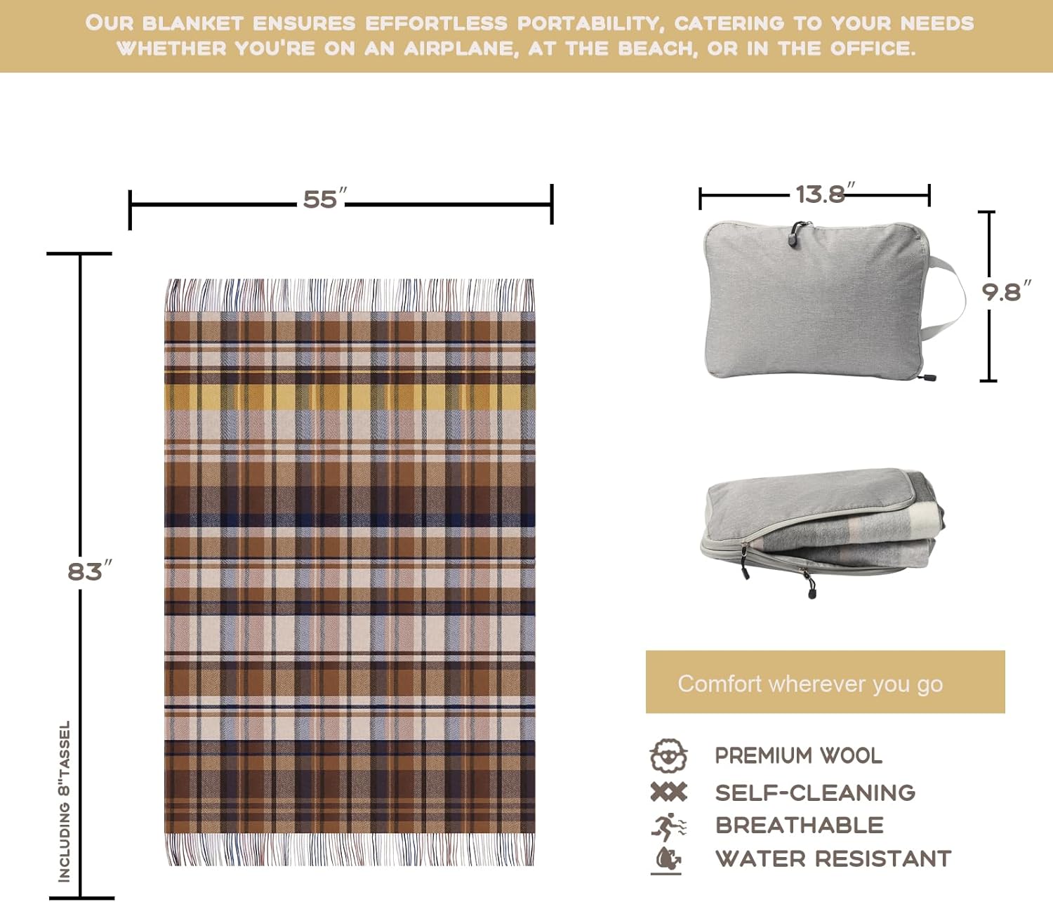 Pure Wool Plaid Throw Blanket - Warm Throw for Couch, Travel Outdoor Camping Blankets, Portable Lightweight Travel Blanket Airplane Compact with Bag/Chocolate Brown - Image 2