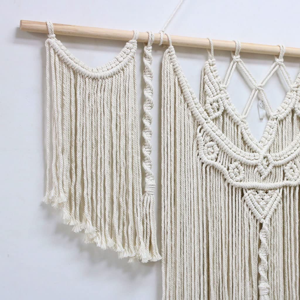 Tapices Macramé Tapiz de Pared nórdico Creativo, Colgante Decorativo de Pared Tejido a Mano con Hilo de algodón y Palo de Madera