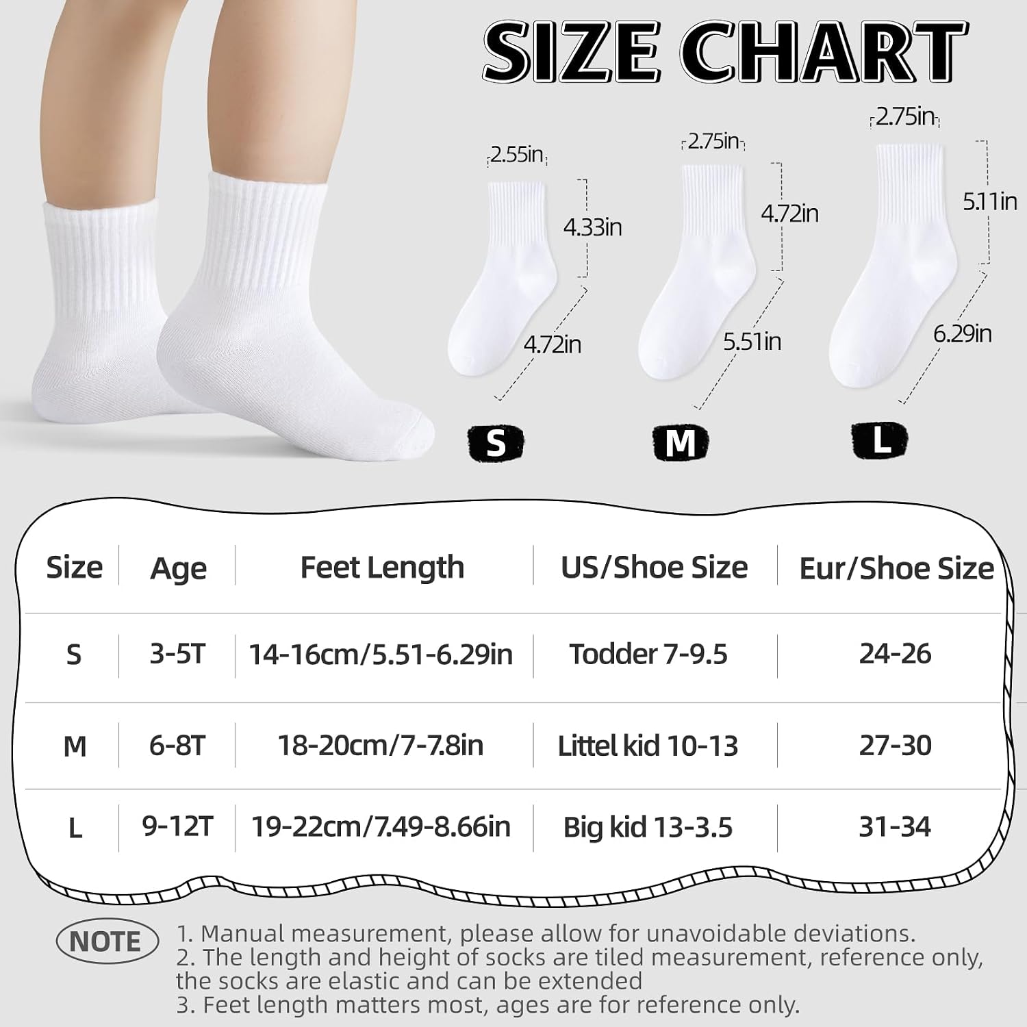 6 Pairs Kids Socks Boys Girls Athletic Crew Socks for School Uniform Cotton Seamless Toe