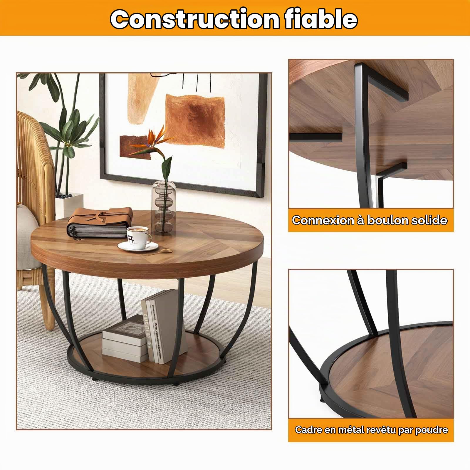 LIFEZEAL Table Basse Ronde, Table Basse à 2 Niveaux avec Structure en Métal, Meuble de Salon, 80 x 80 Cm, Style Industriel (Naturel)