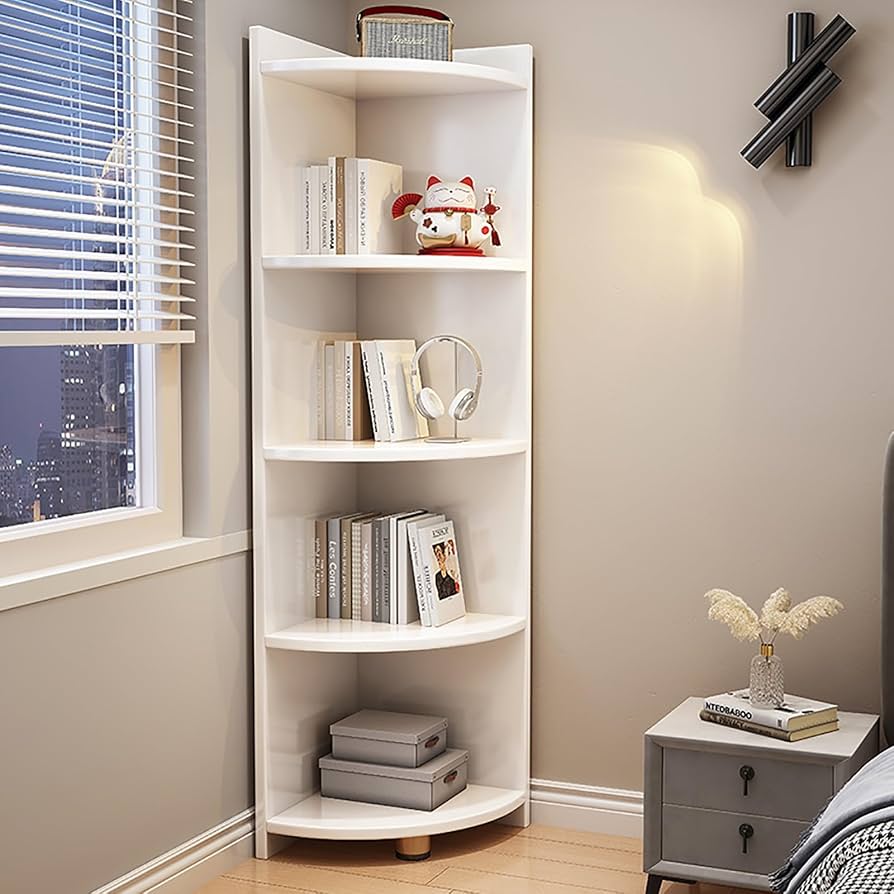 Amazon｜カーブコーナー収納棚、4/5段木製コーナー本棚、背の
