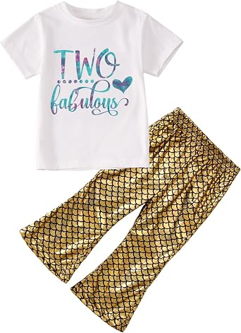 Toddler Girl Birthday Mermaid Outfits 2nd 3rd 4th Birthday Short Sleeve T-Shirt Shiny Flared Pant Set Summer Clothes