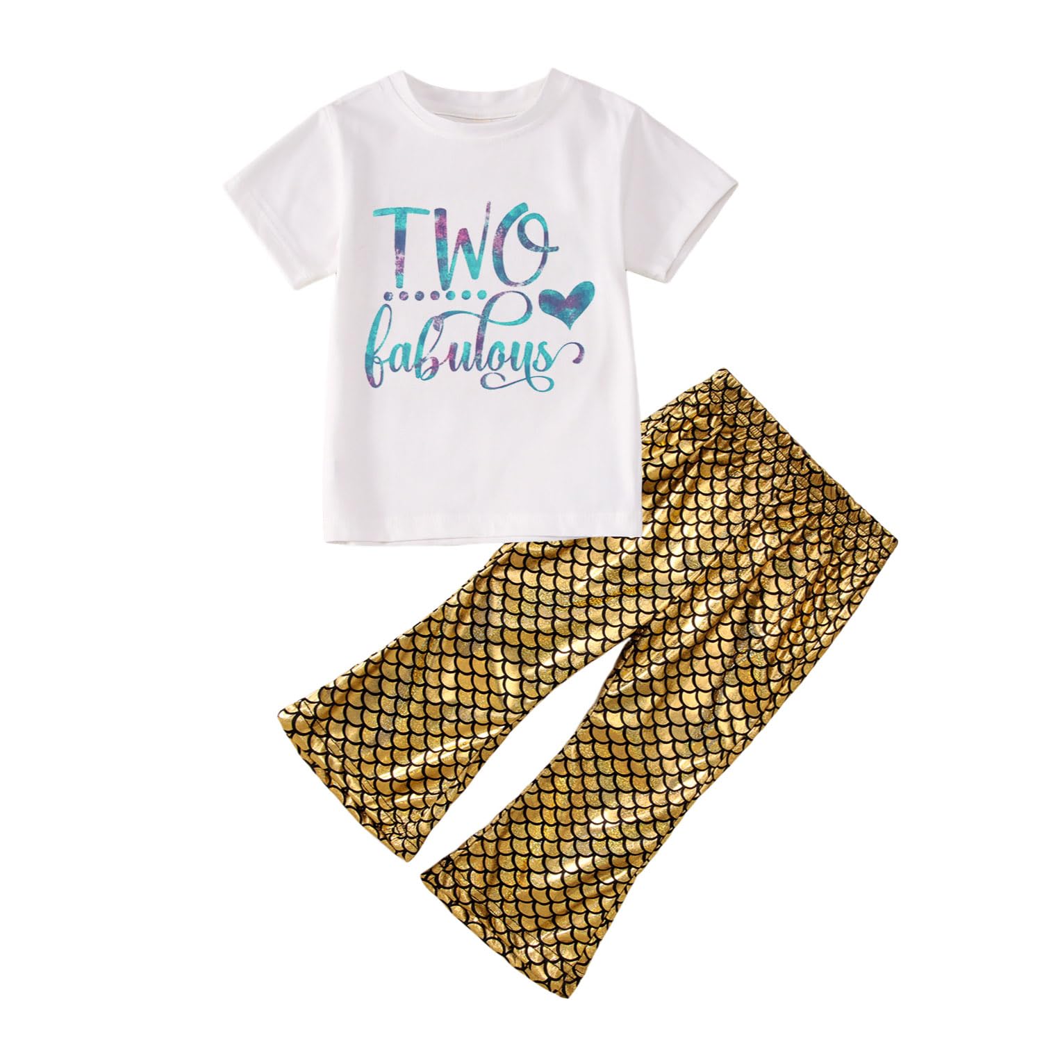 Toddler Girl Birthday Mermaid Outfits 2nd 3rd 4th Birthday Short Sleeve T-Shirt Shiny Flared Pant Set Summer Clothes(Purple-4th,4T(110))