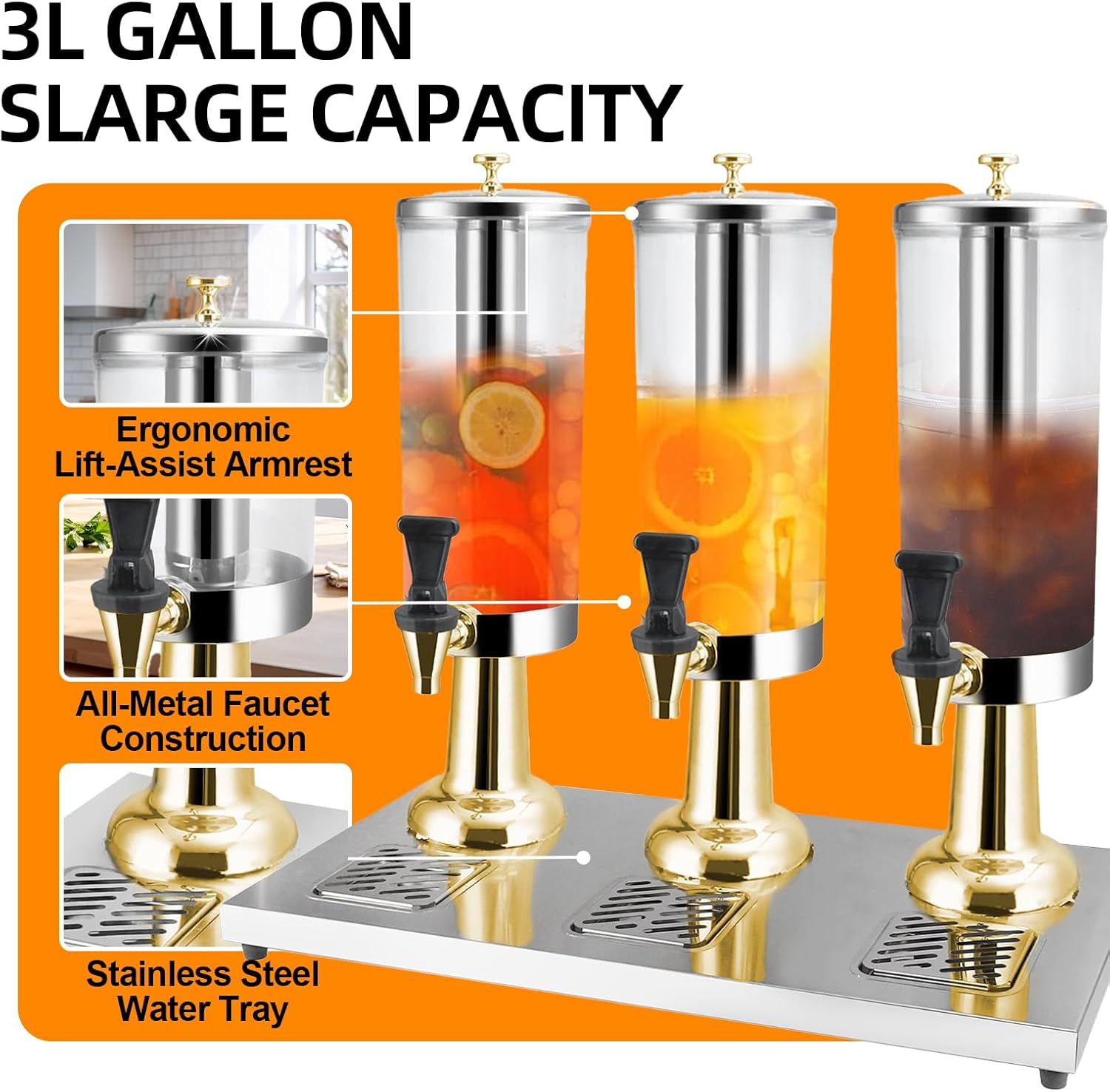 1 Gallon Commercial Beverage Dispenser with Centre Ice Core and Stand Drip Trays Stainless Steel Cold Drink Dispenser for Parties Pub Cafeteria Restaurant Home Hotel (gold, three head)
