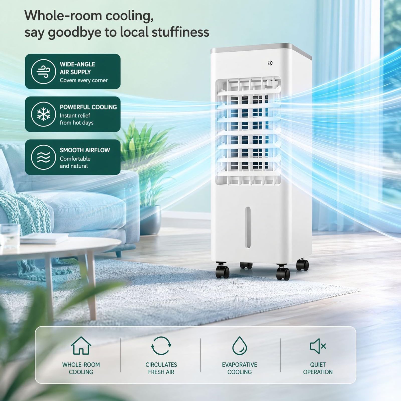 Raffrescatore d'aria evaporativo 4 in 1, serbatoio da 6 litri, timer da 0 a 7,5 ore, telecomando, ventilatore portatile, purificatore d'aria per casa, ufficio e campeggio black