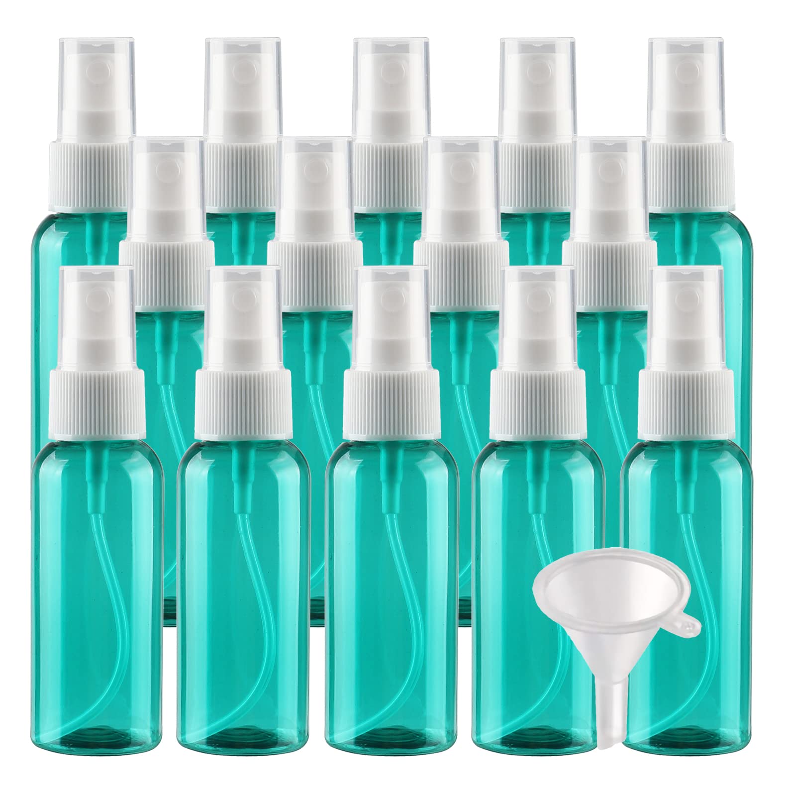 50 Stück Leer Klein 50ml Grün Plastik PET Sprühflasche Reise Zerstäuber mit Weiß Sprühkopf Nebel Reiseflaschen Parfümzerstäuber für Kosmetik Parfüm mit 4X Trichter