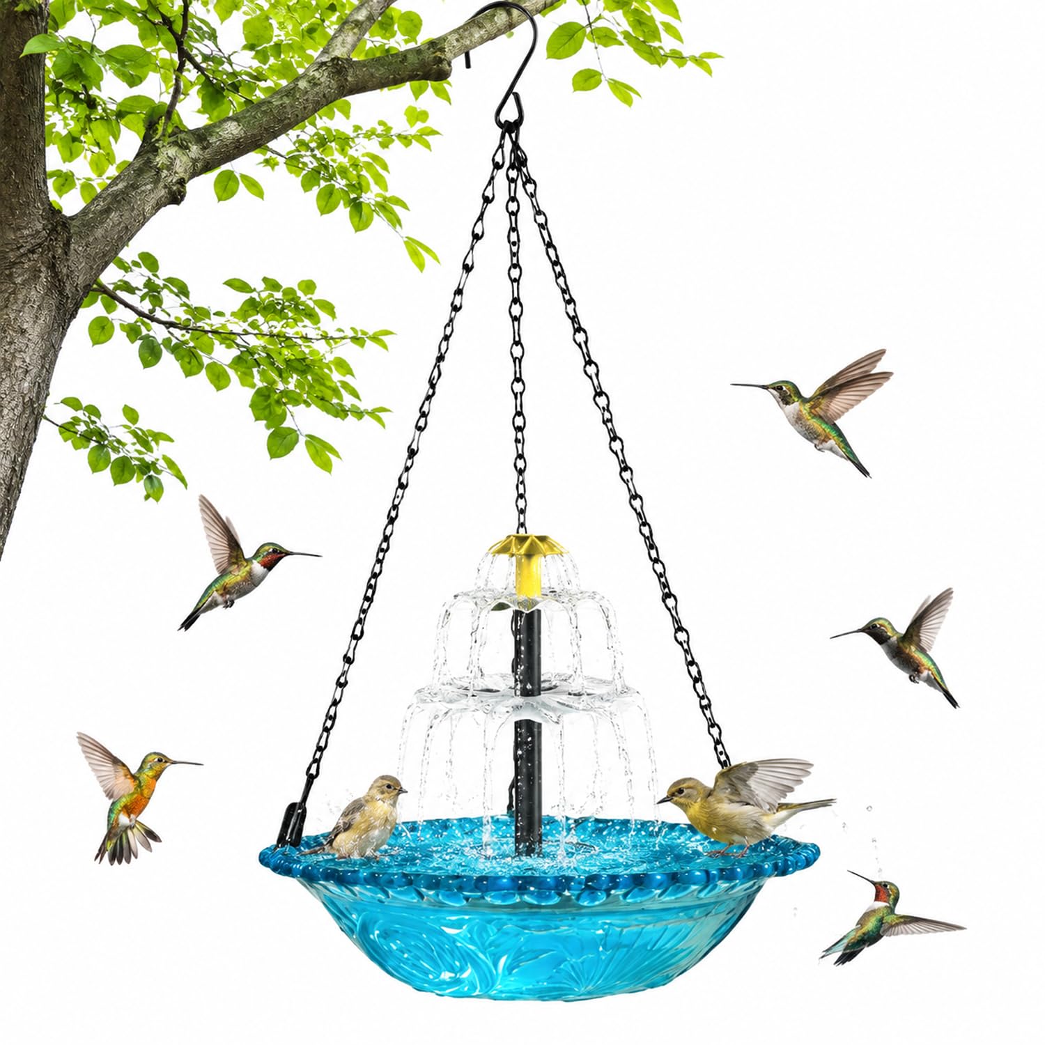Solar Hanging Bird Bath Fountain Set Birds Water Feeder Bowl for Domesticated Birds Wild Birds Solar Powered Bird Bath Water Feature Cascade for Outdoor Garden Backyard (Blue-Double Layers)