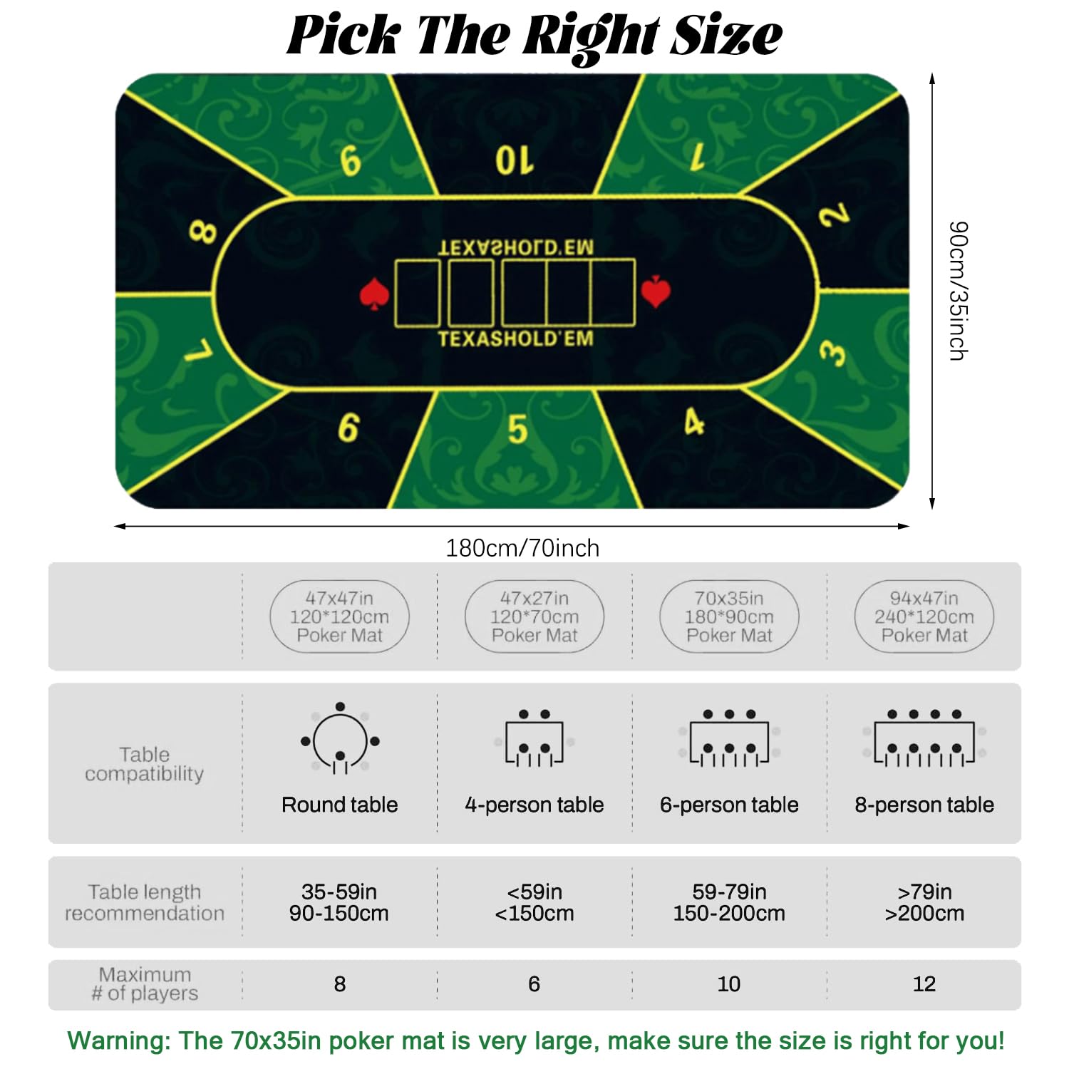 Tappetino da poker, 180 x 90 cm, 10 giocatori Texas Hold'em Poker, in gomma, topper per tavoli, portatile, per giocare a carte, PokerGames, Blackjack, Casinò, con borsa per il trasporto