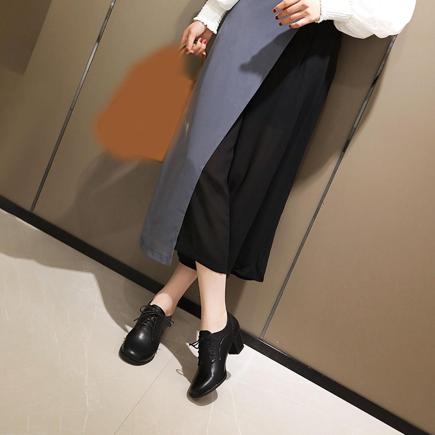 SHEMEE Women's Chunky Mid Heels Oxfords Vintage Round Square Toe Block Heeled Brogues Lace Up Work Office Daily Dress Shoes - Image 6