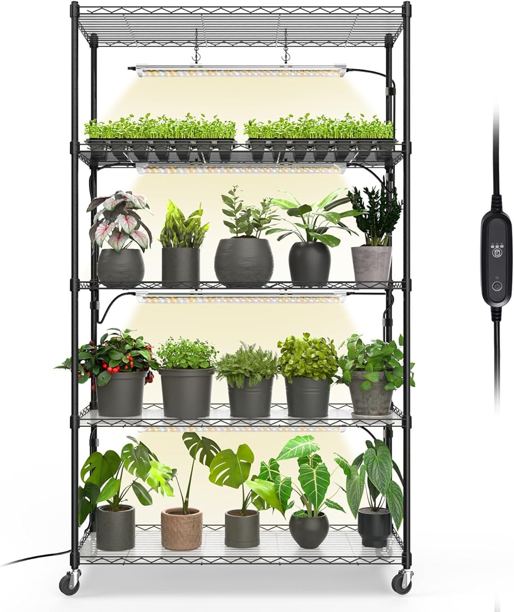 Bstrip Plant Shelf with Grow Light with Timer, Metal Plant Stand with Adjustable Rack and Wheels, 4 Pack 24W Full Spectrum Grow Light Strip for Indoor Plants, Seed Starting, 35.4"x13.8"x59"