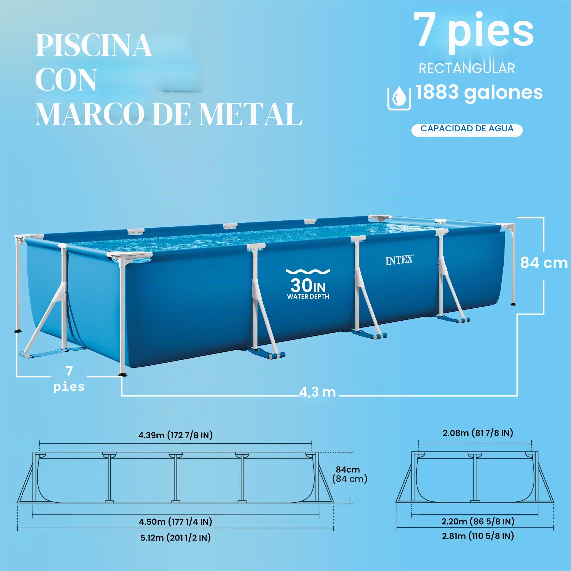 Intex 28279EH Piscina Metal Frame Rectangular, Medidas 450 x 220 x 84 cm