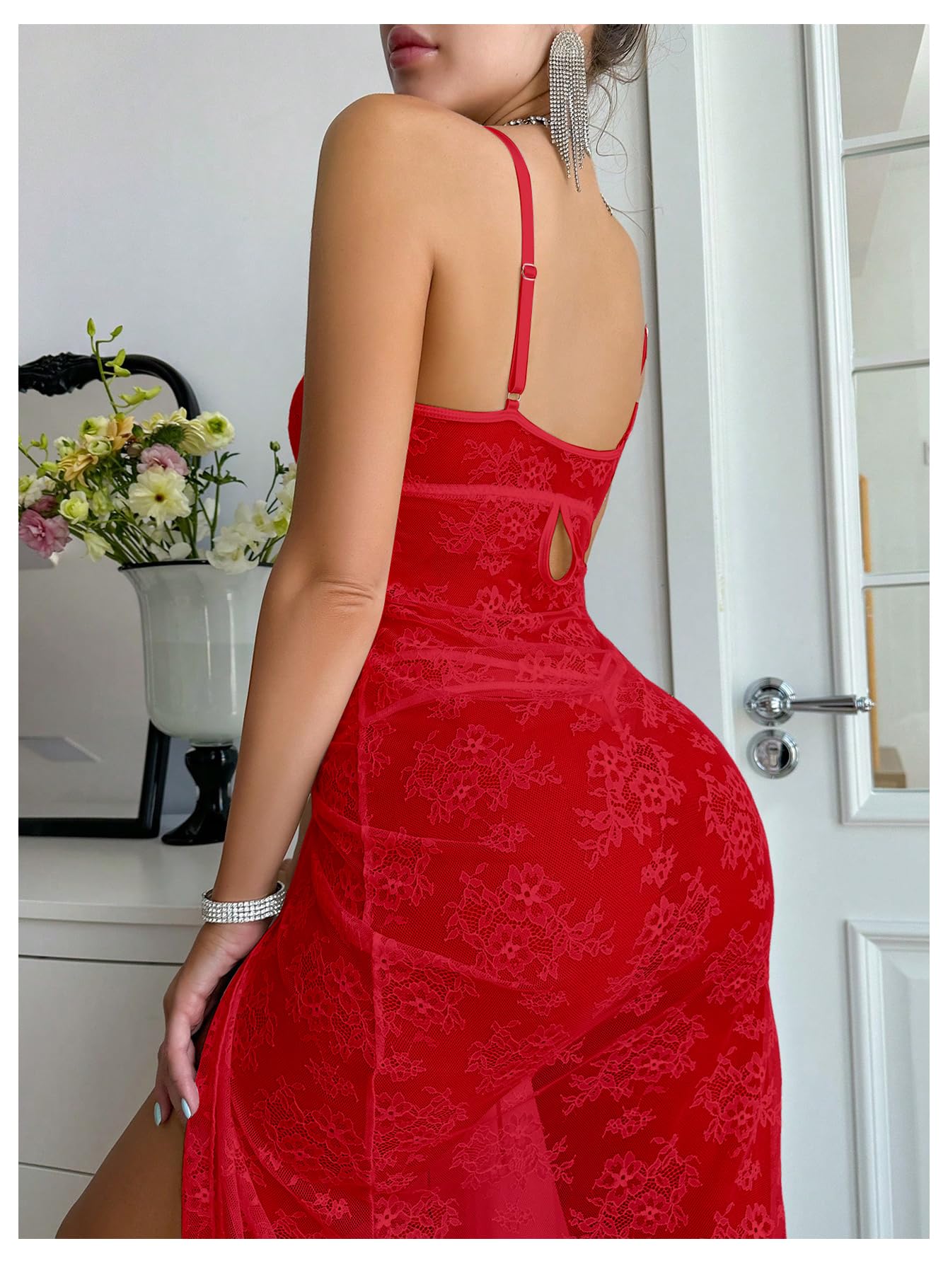 SHENHE Women's Lace Sheer Underwire High Slit Babydoll Dress and Panty Set 2 Piece Lingerie Set