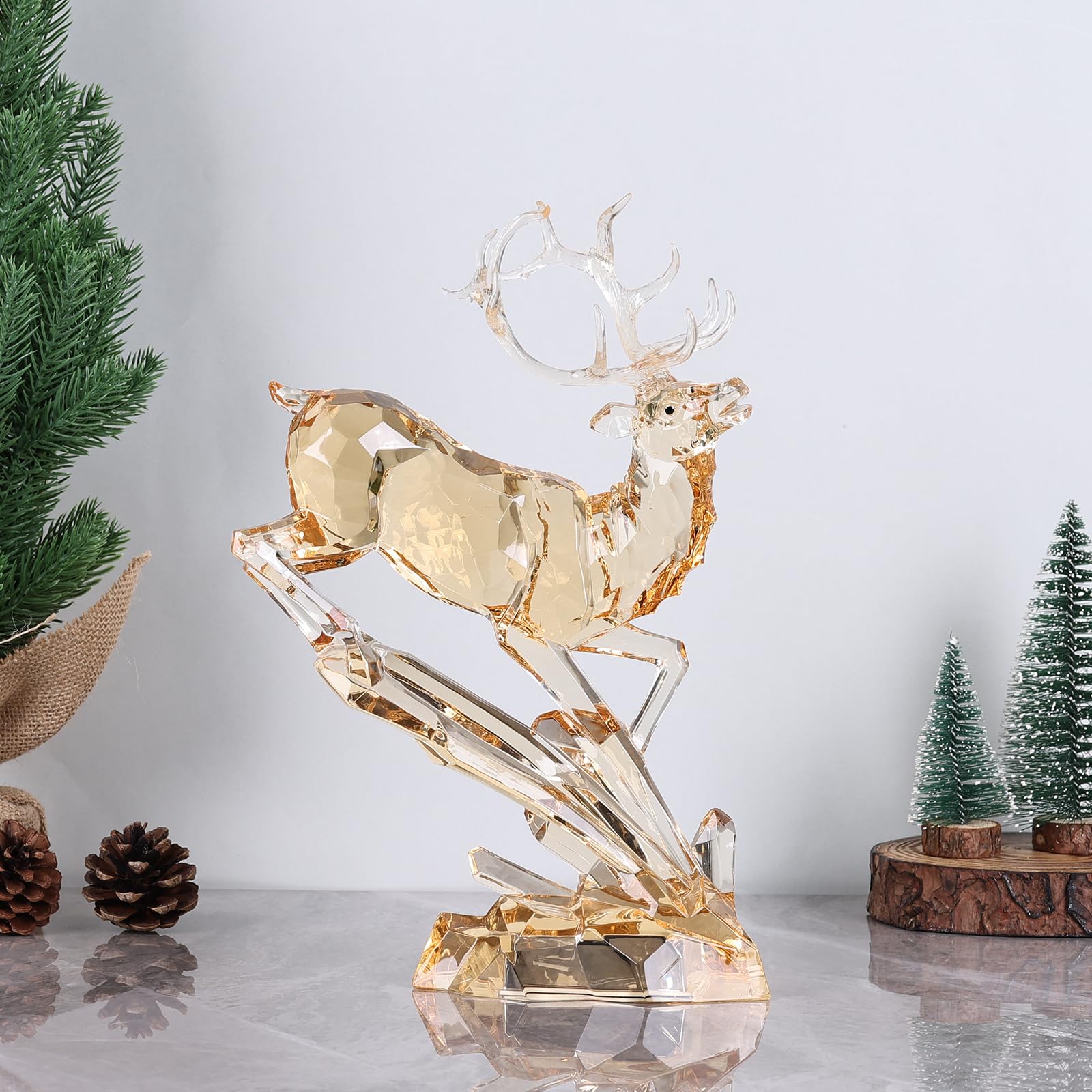 Condition photo showing New/Like New for luxury acrylic reindeer figurine with led light for christmas decor, elegant transparent crystal-like deer sculpture for table shelf mantel, reindeer ornament holiday centerpiece (gold jumping 11.8")