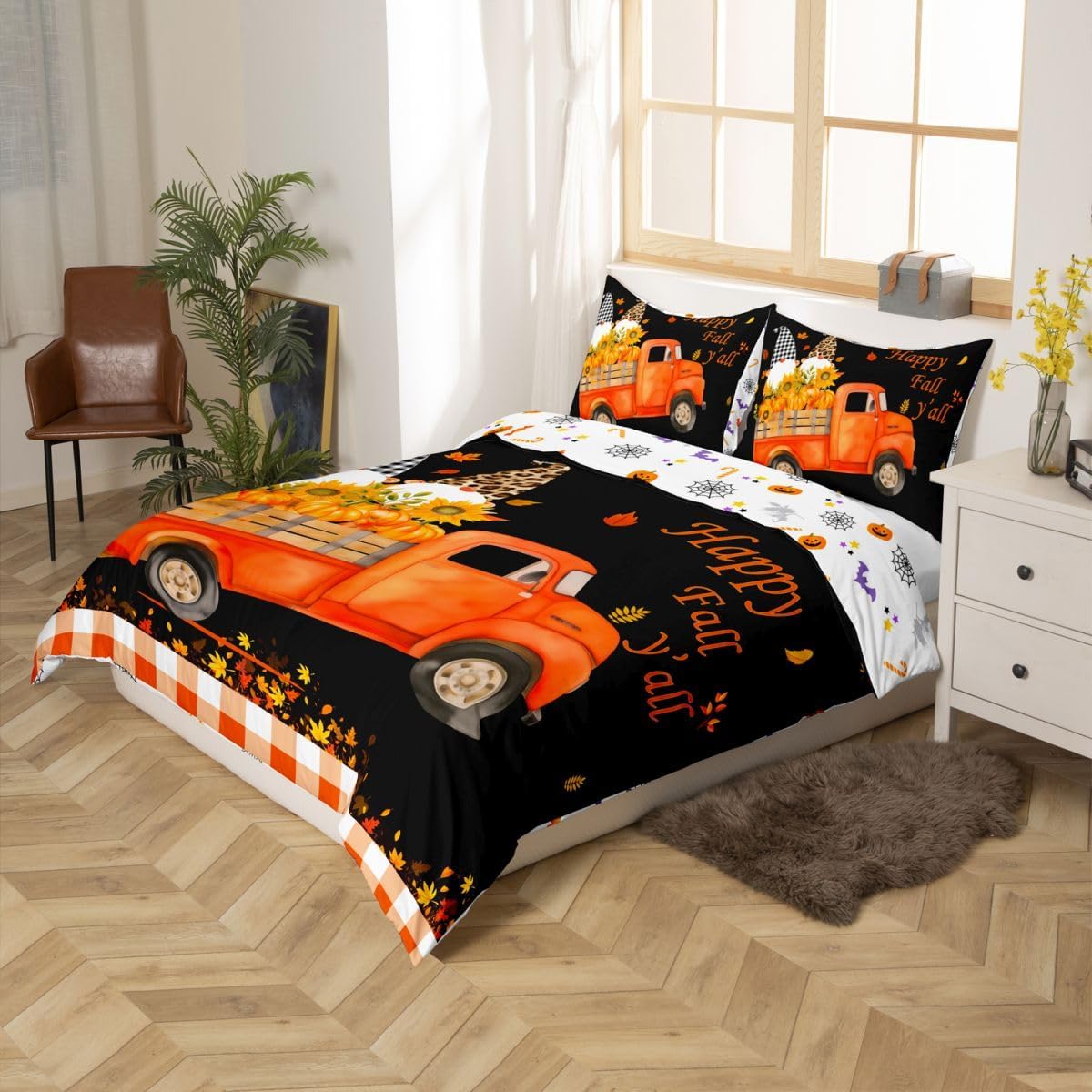 Happy Fall Y'All Duvet Cover For Kids Boys Girls, Thanksgiving Maple Leaf Bedding Set Twin Size Pumpkin Truck Comforter Cover For Bedroom, Sunflower Gnomes Bed Set 2 Pieces With 1 Pillow Case