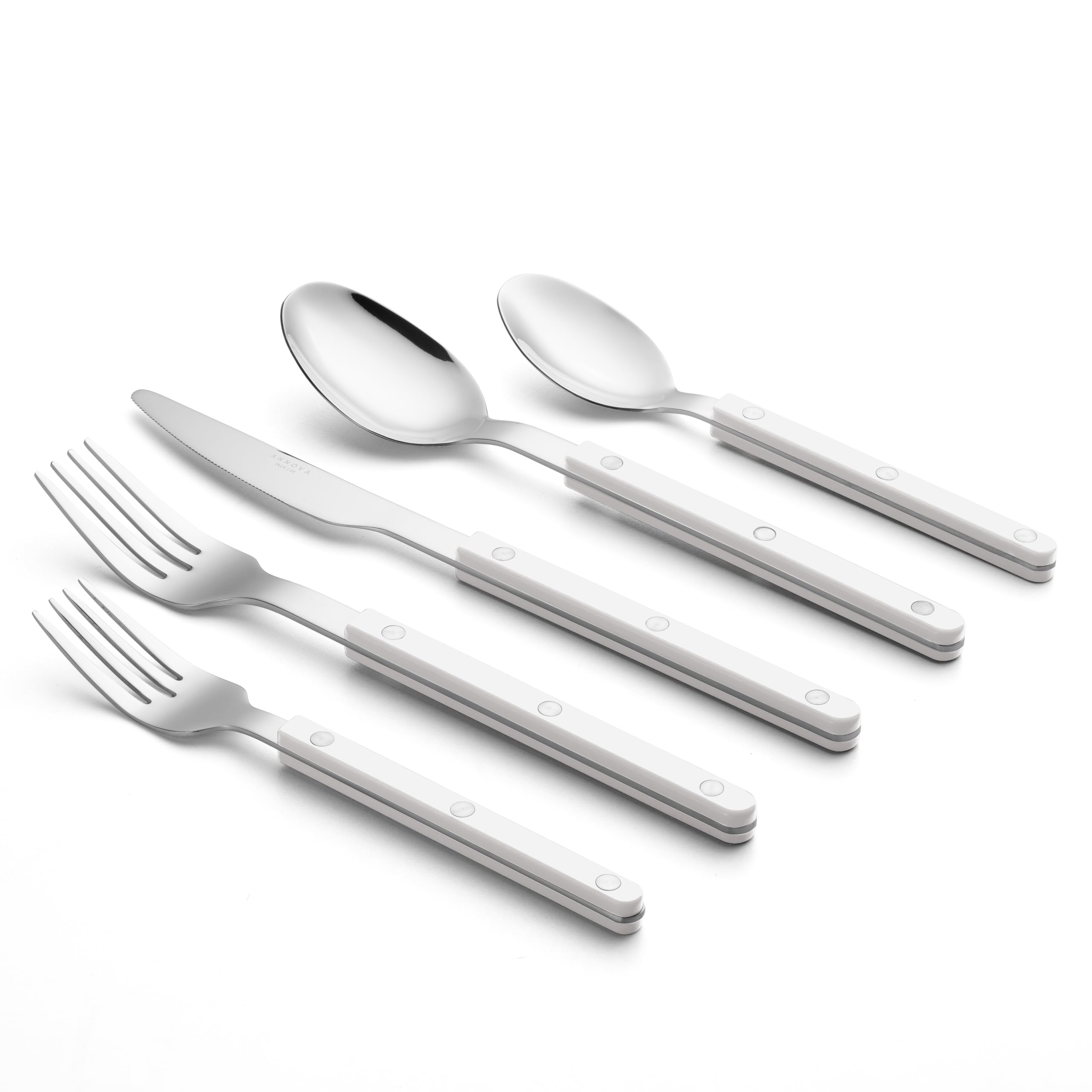 ANNOVA Set di posate, posate in acciaio inossidabile colorate in stile retrò/rivettate, coltelli da tavola, forchette, cucchiai, forchette da insalata e cucchiai da dessert (Bianco,10 Pezzi)