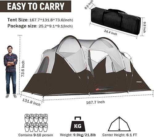 Miniatura 2 de HIKERGARDEN - Tienda de campaña para 10 personas, tienda familiar portátil fácil de instalar para campamento, tienda de campaña de tela resistente