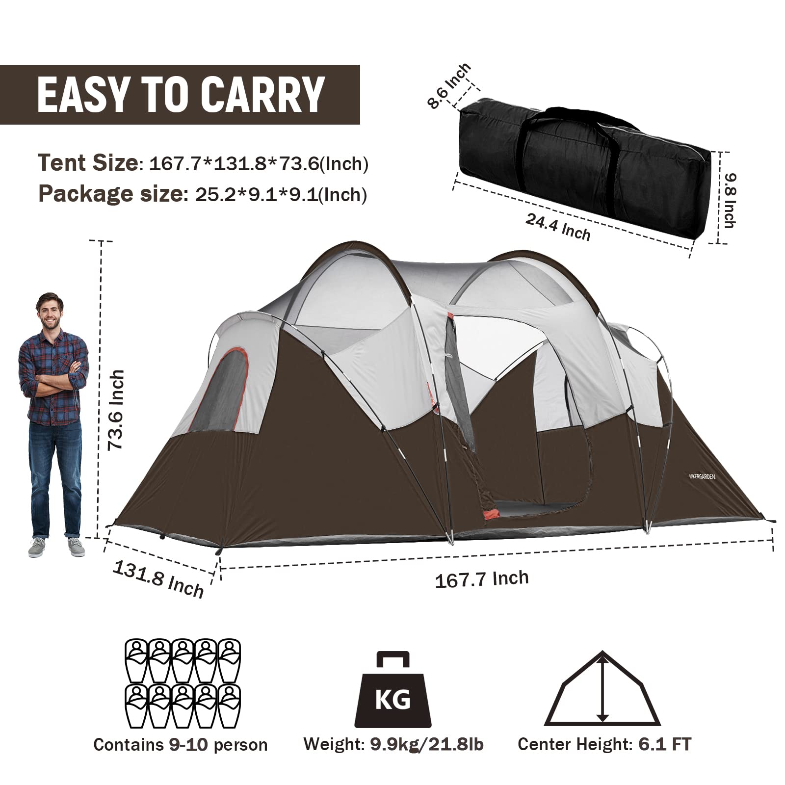 HIKERGARDEN Tenda da campeggio per 6/8 persone, portatile, facile da montare 420 * 330 * 180cm