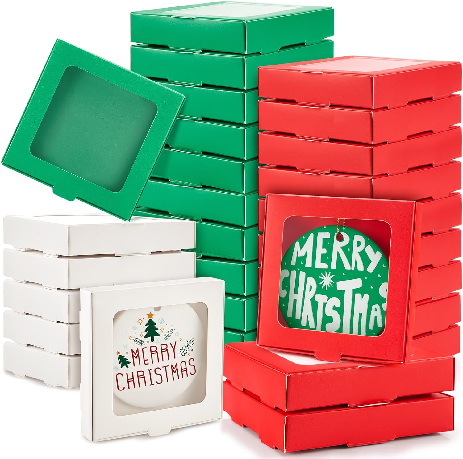 Dunzoom 50 Pcs Sublimation Ornament Blanks Gift Box 3.6"x3.6"x0.7" Christmas Ornaments Holder Ceramic Discs Packaging Box with Window for Personalized Xmas Tree Blanks Bulk (Red)