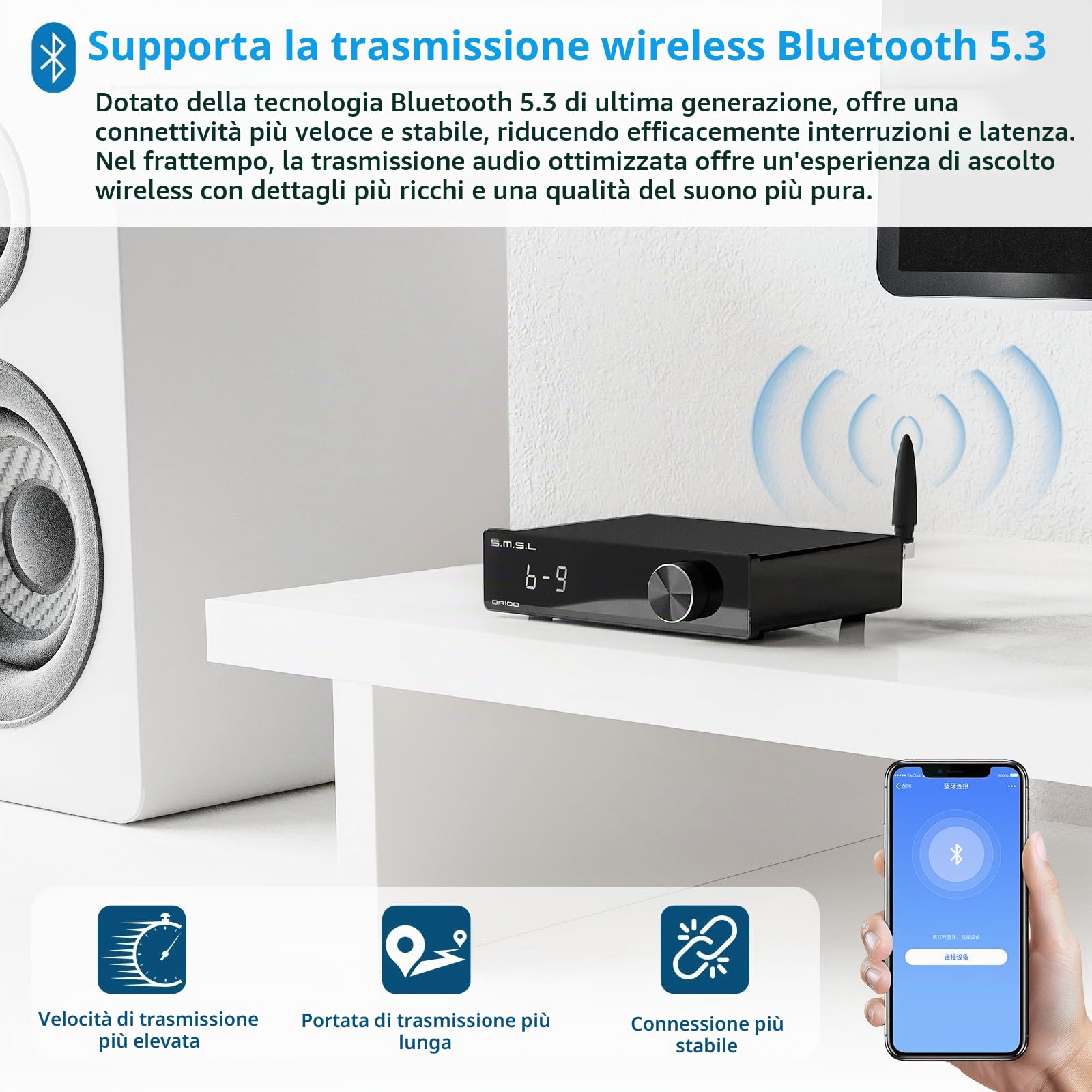 SMSL DA100 Amplificatore di potenza 100W TI TAS5827 *2 Amp di Classe D Subwoofer 2.1 passa-alto/basso Bluetooth5.3 Controllo elettronico del Volume Amp Stereo BT/USB/HDMI(ARC)/Ottico/Ingresso di linea