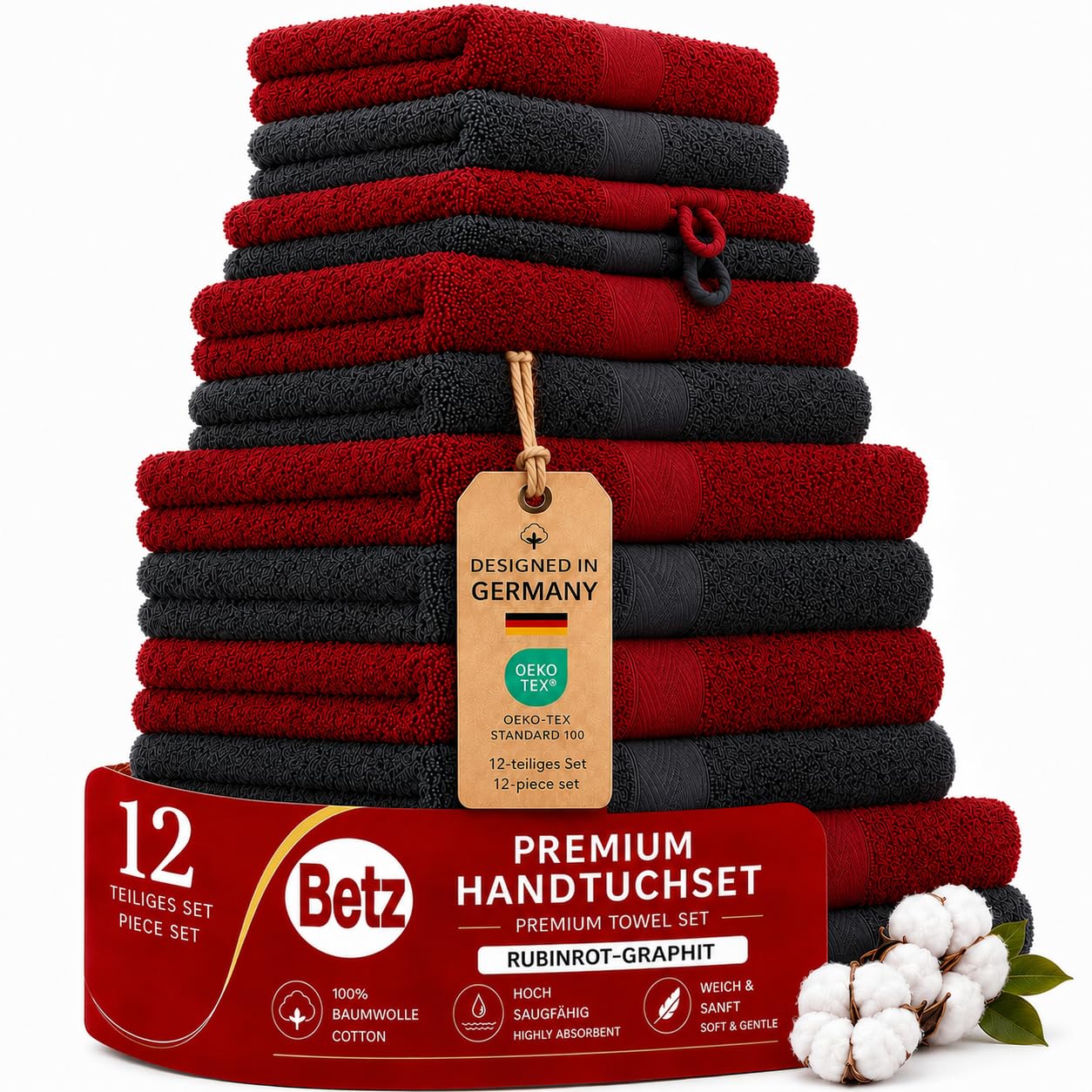 Betz Premium Handtuch-Set 12-teilig, Oeko-TEX Standard 100, 100 % Baumwolle, 470 g/m², 2 Duschtücher, 4 Handtücher, 2 Gästetücher, 2 Seiftücher, 2 Waschhandschuhe - Farbe rubinrot/Graphit