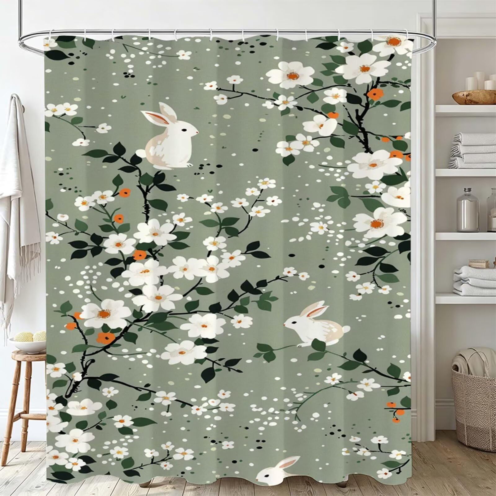 Tenda Doccia 200x250cm Verde salvia Tenda per Doccia con 12 Anelli, Bordo Ponderato, Polyester Tessuto Lavabile, Asciugatura Rapida, Facile da Pulire, per Bagno Dormitorio Hotel fiore J-521