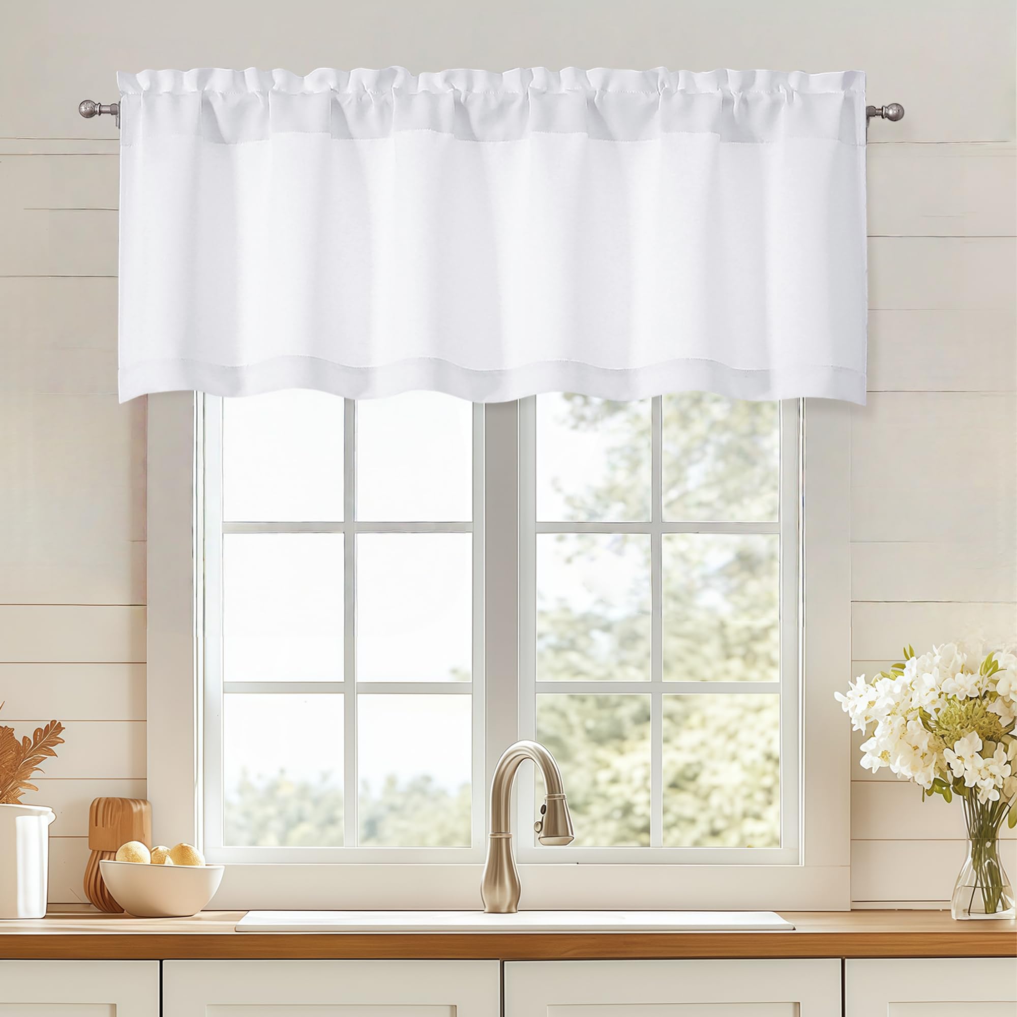 OWENIE White Valance for Window, Light Filtering Small Kitchen Curtain for Bedroom/Living Room, Rod Pocket Privacy Short Solid Modern Window Treatment