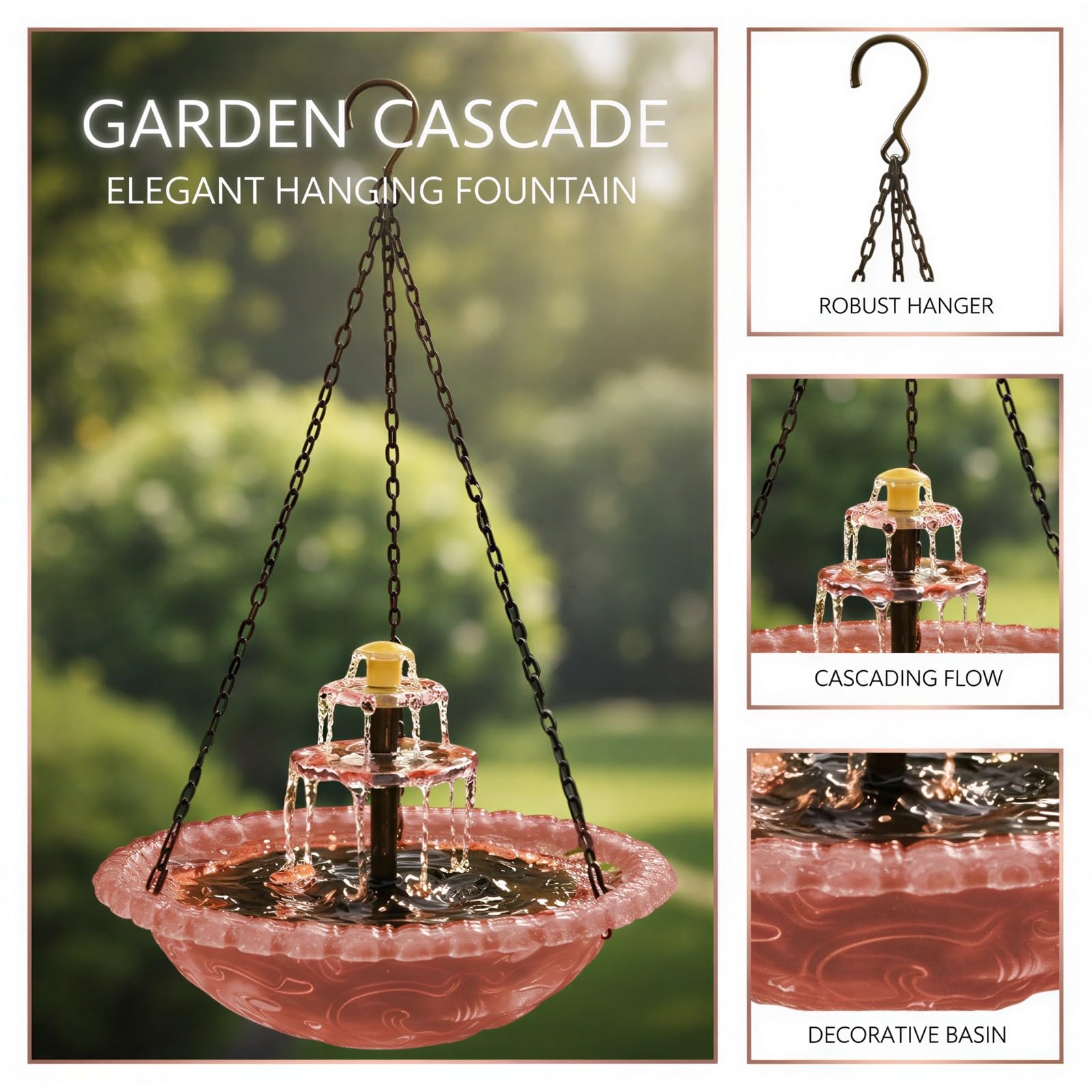 Solar Kaskaden Hänge Vogelbadbrunnen, pink, 2 in 1 Vogelfutterspender mit 9 Düsen, Wasserfall Effekt, Schale 23,5 x 23,5 x 5,5 cm, verstellbare 40 cm Kette, für Garten und Terrasse