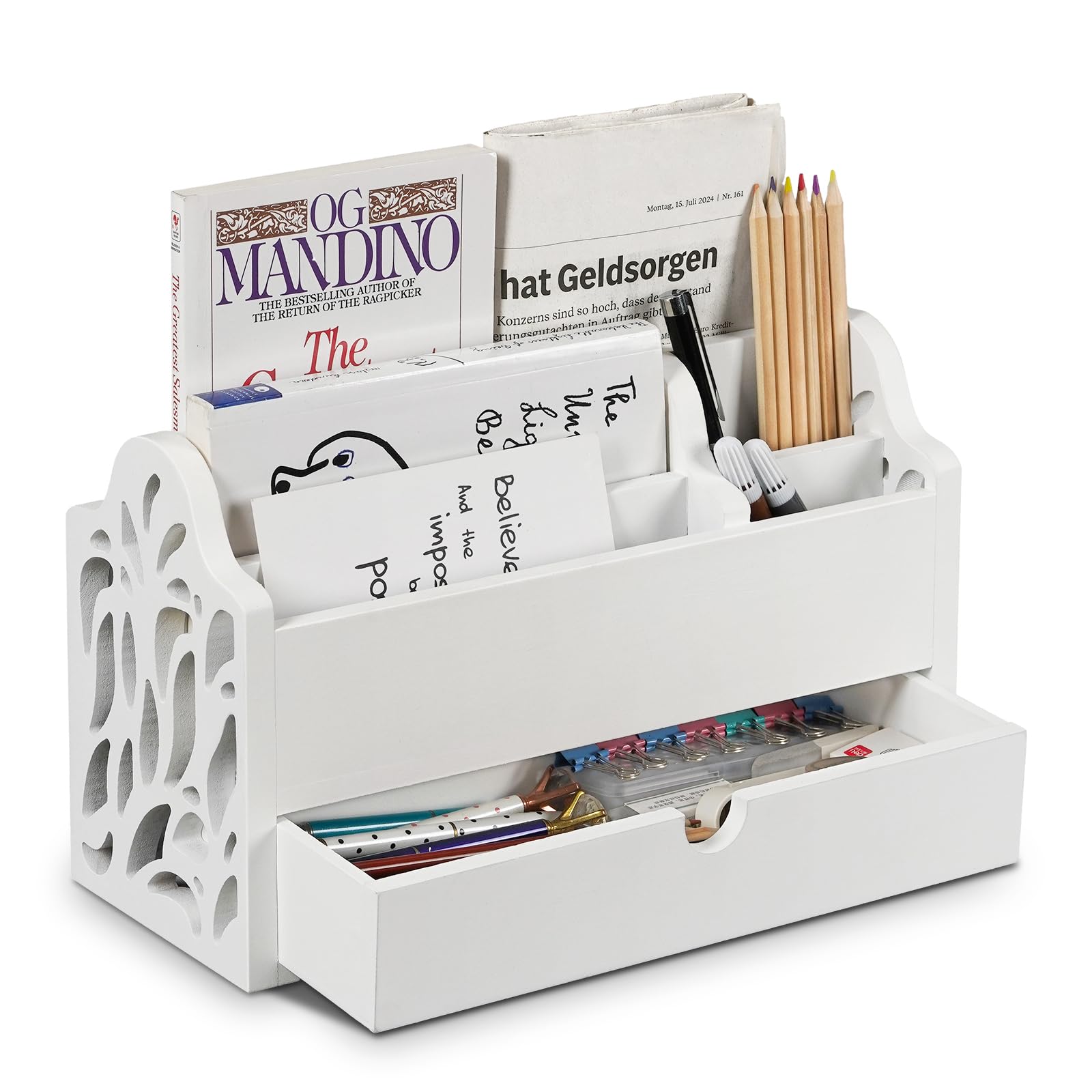 Schreibtisch-Organizer mit Schublade, Holzakte, Büro, Post, Arbeitsplatte, 5 Fächer, Tischaufbewahrung, Stift-Organizer, Briefhalter für Schule, Zuhause, Büro, Zubehör (weiß)