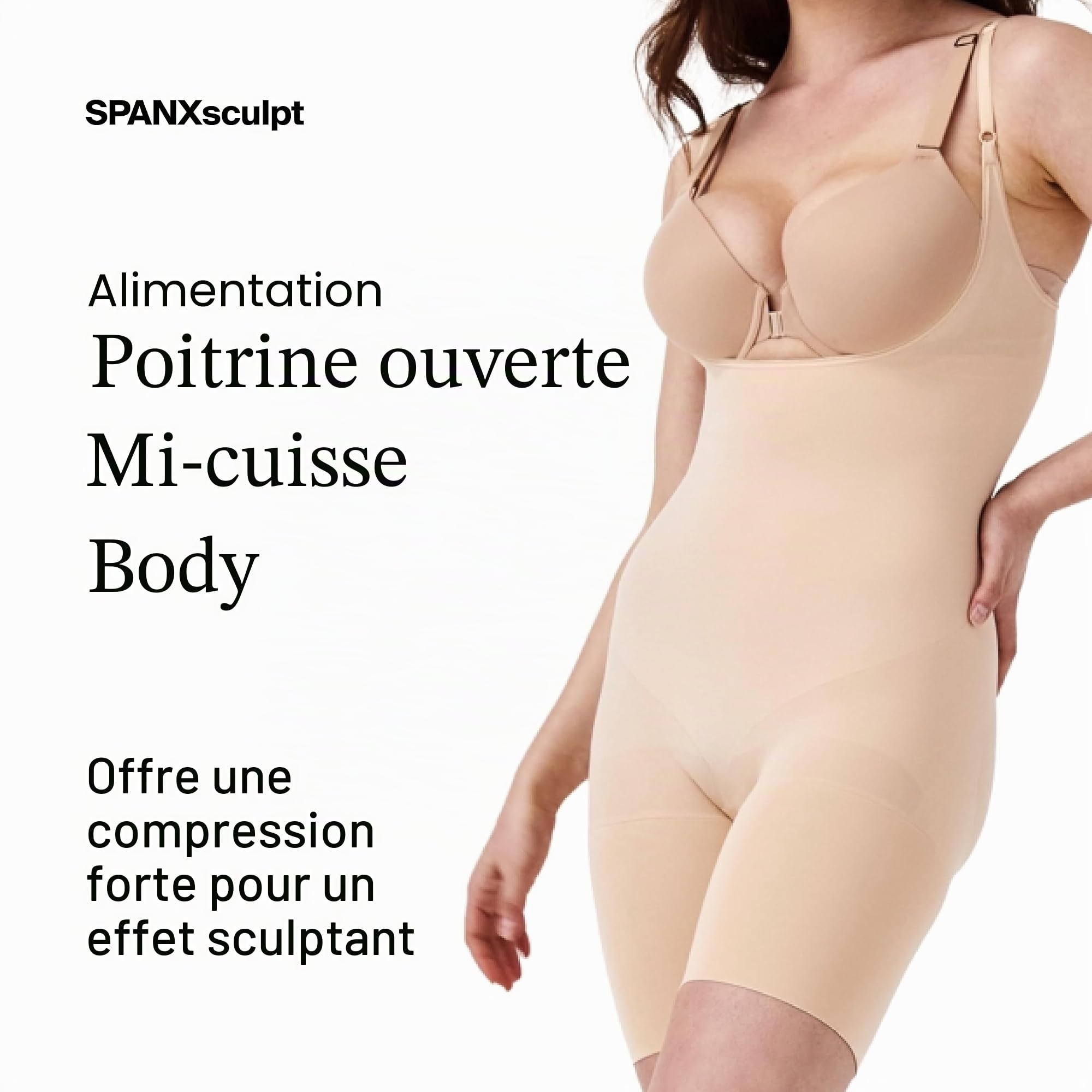 Spanx Power Open-Bust Mid-Thigh Bodysuit Shapewear Femme