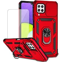 Case for Galaxy A22 4G Case/Galaxy M32/Galaxy M22 SM-A225F Cases with Tempered Glass Screen Protector & Slide Camera Cover, Magnetic Ring Stand Shockproof Cover for Samsung Galaxy A22 Red